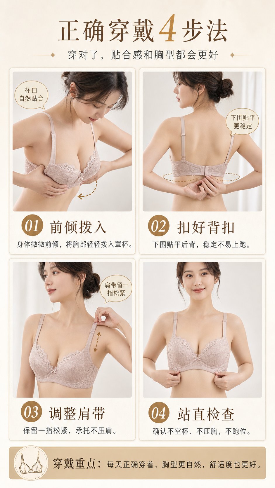 高级日系内衣电商详情页四图生成指令 / Premium Japanese Style Lingerie Ecommerce Detail Pages，模型对比与社区，排版、信息图、产品图，案例输出图 2