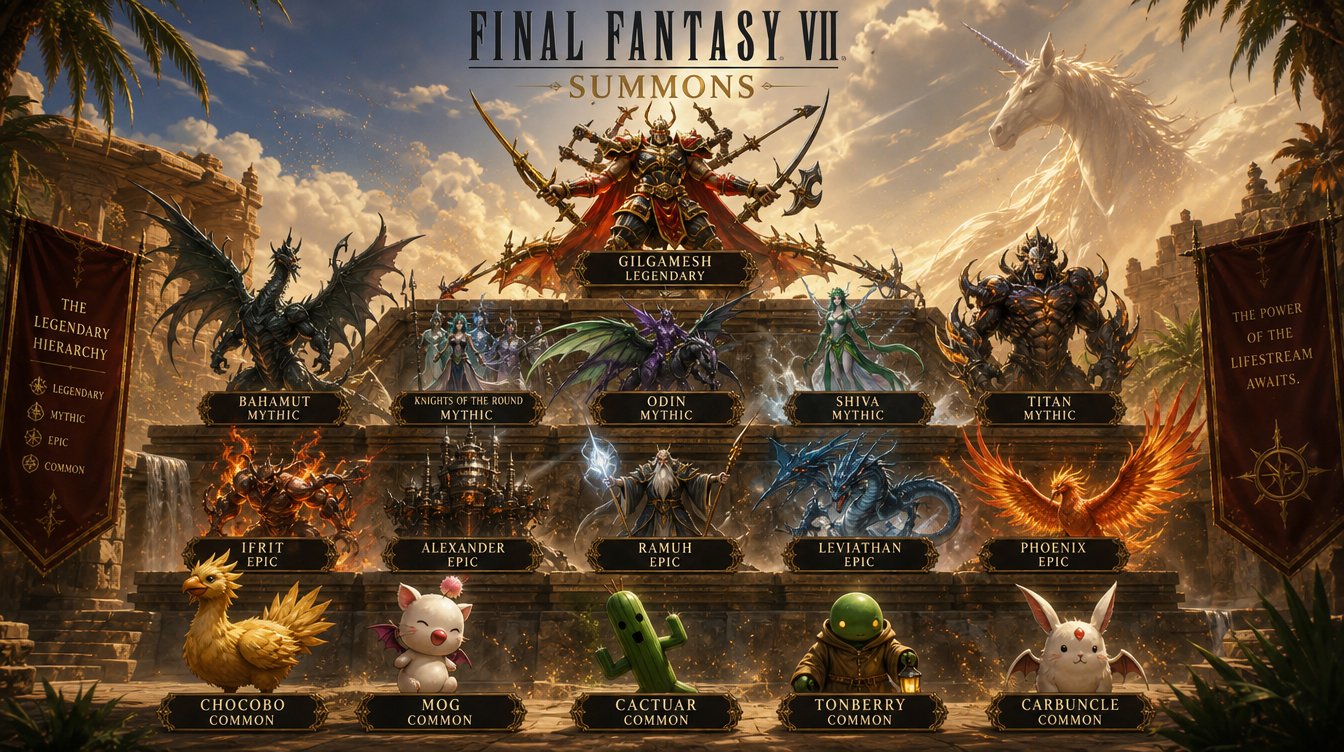 最终幻想7召唤兽等级排行海报 / Final Fantasy Vii Summons Ranking Poster，人像与摄影，人像、电影感、海报，案例输出图 1