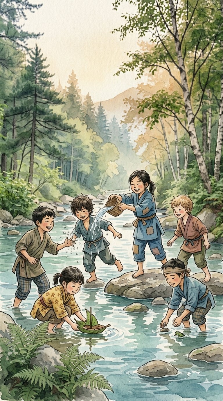 日式水墨手绘森林童趣插画 / Japanese Ink Wash Forest Children Illustration，海报与插画，海报、插画、水彩，案例输出图 2