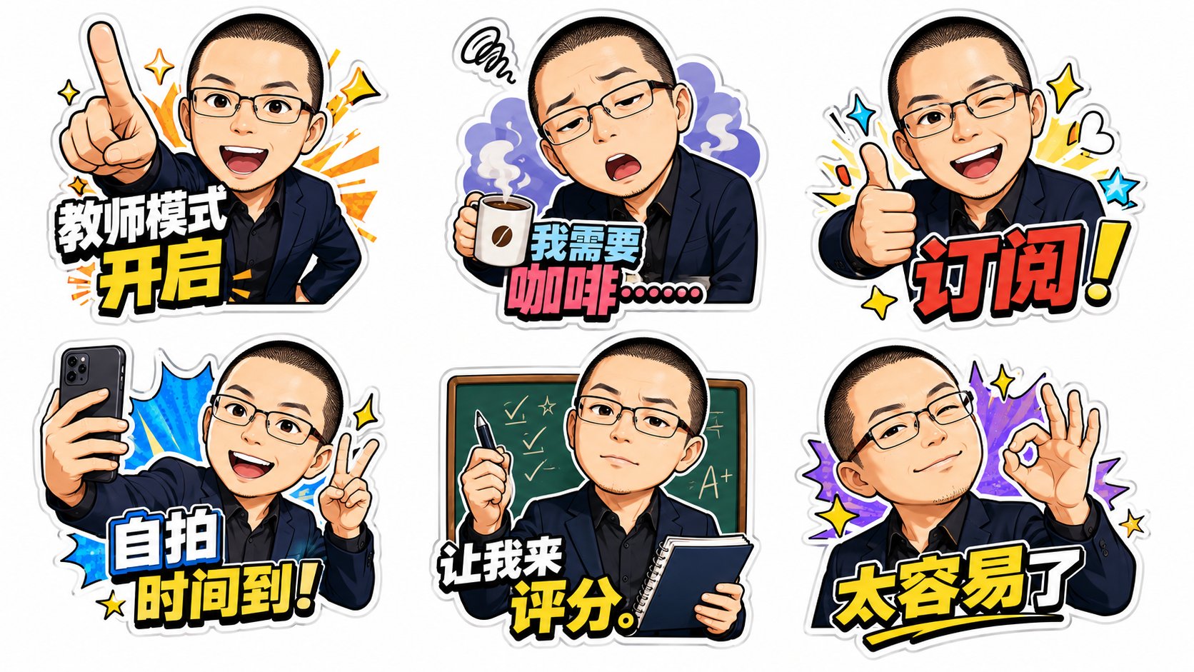 教师风格趣味Q版卡通贴纸套图 / Male Teacher Cartoon Stickers Grid，角色设计，人像、插画、角色，案例输出图 1