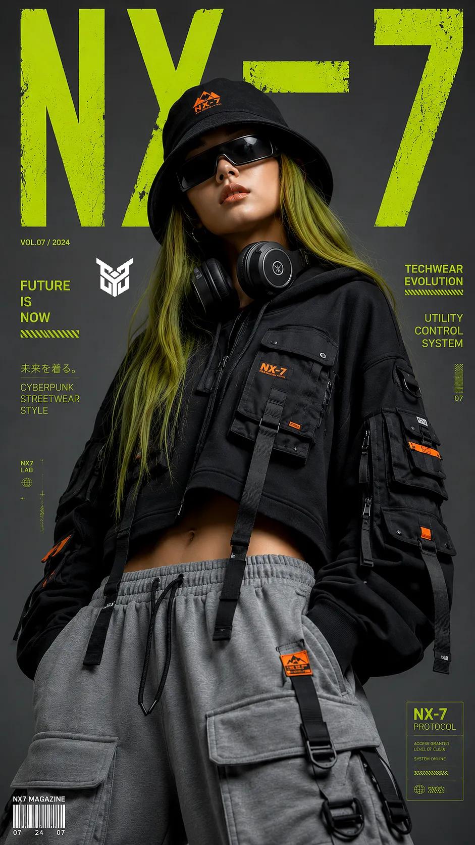 苔藓绿发机能风时尚杂志封面人像 / Techwear Moss Green Hair Fashion Editorial Portrait，人像与摄影，人像、电影感、时尚，案例输出图 1
