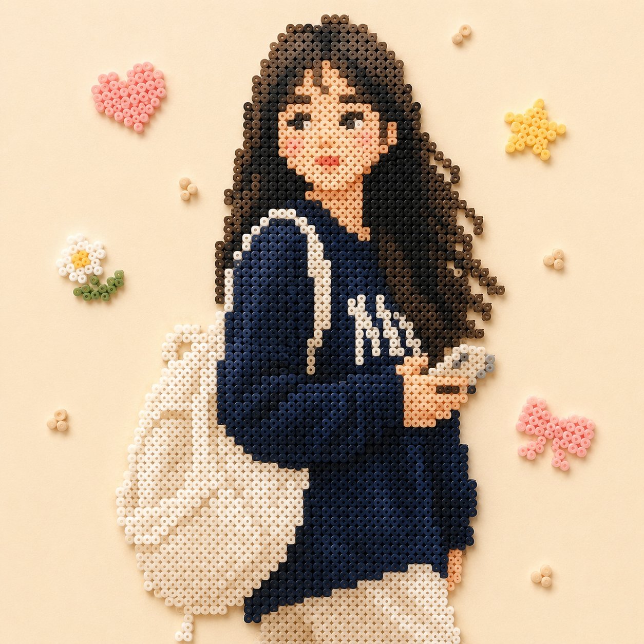 拼豆风格温馨人物插画 / Perler Bead Style Warm Character，角色设计，插画、角色、极简，案例输出图 1