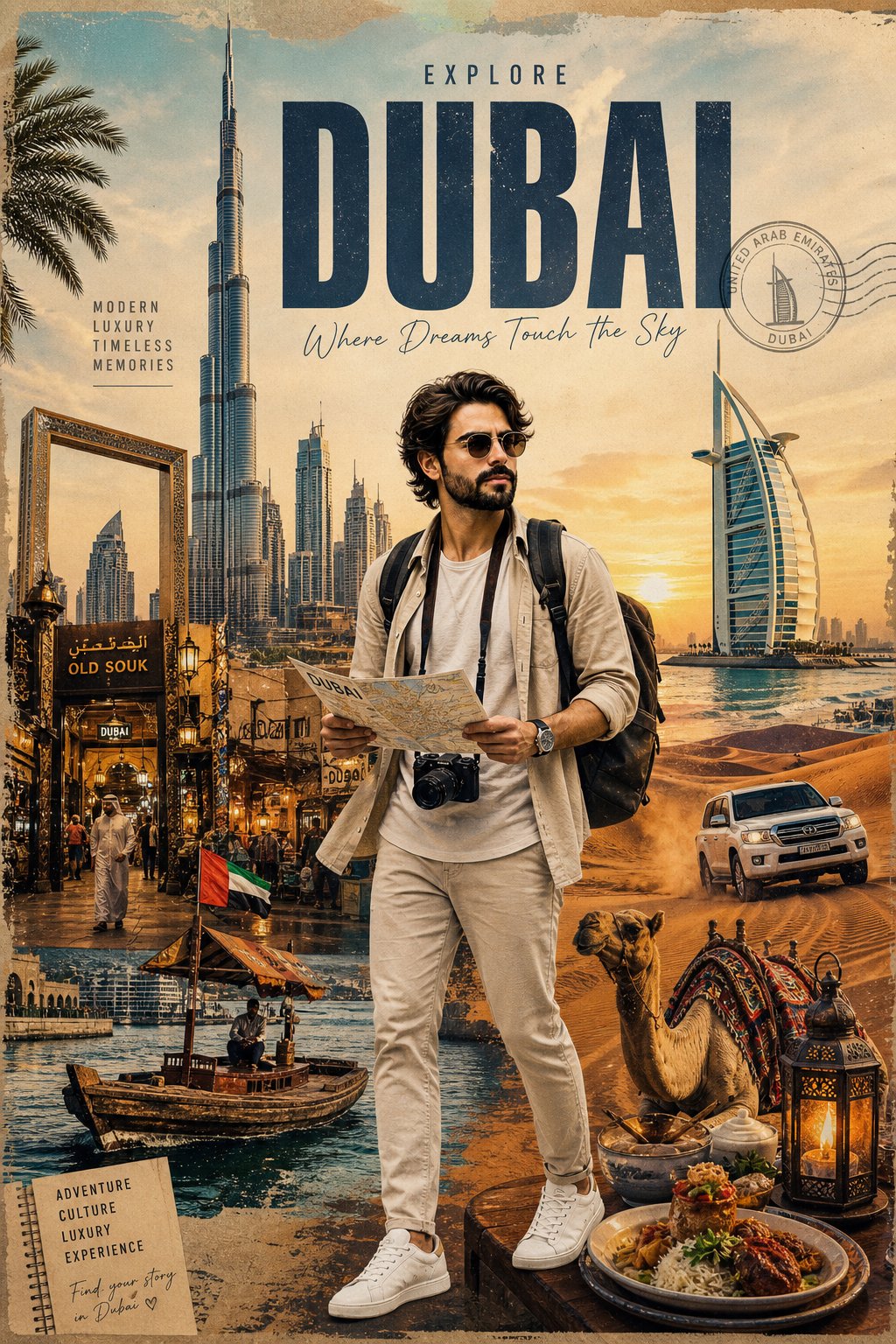 迪拜国际游客风格化旅行海报 / Dubai Stylized Travel Poster Tourist Collage,人像与摄影,人像、时尚、海报,案例输出图 1
