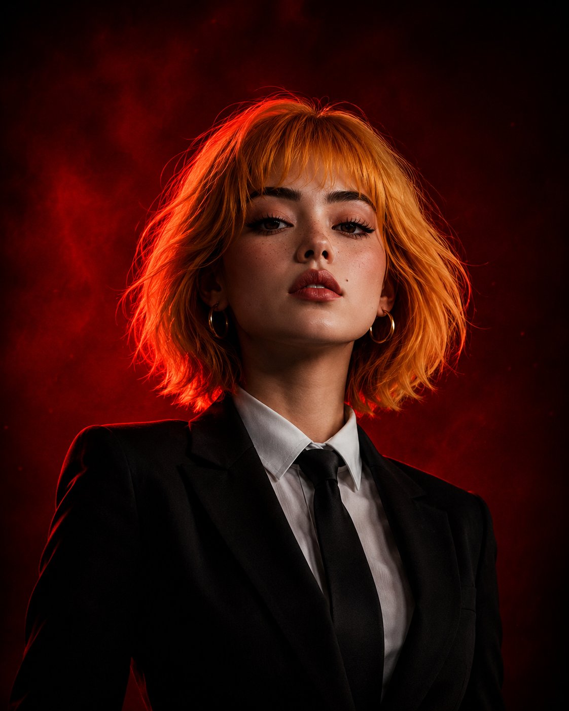 红黑氛围金发西装女强人电影感肖像 / Cinematic Luxury Girl Boss Portrait，人像与摄影，人像、电影感、时尚，案例输出图 1