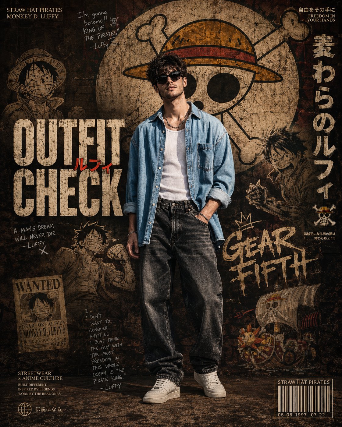 海贼王动漫潮流街头海报电影感人像 / Anime Streetwear One Piece Outfit Check Poster，角色设计，人像、电影感、时尚，案例输出图 1