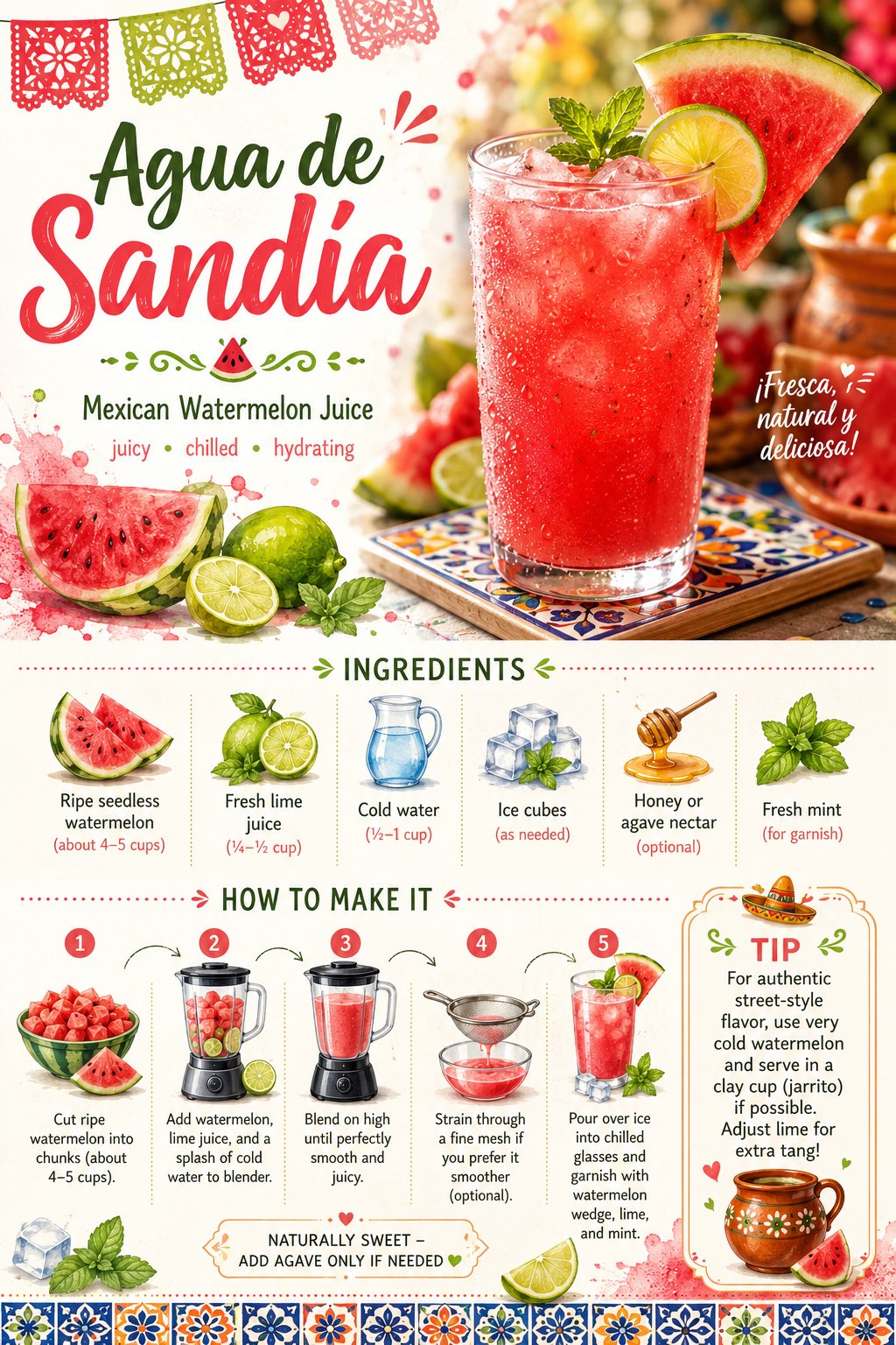 墨西哥西瓜汁现代食谱卡片设计 / Mexican Watermelon Juice Recipe Card Design，海报与插画，时尚、海报、插画，案例输出图 1