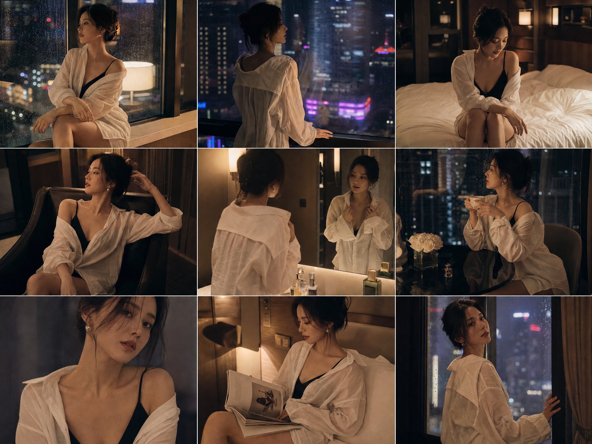 都市夜间电影感白衬衫女性写真 / Urban Night White Shirt Cinematic Portrait，人像与摄影，35mm、霓虹、人像，案例输出图 1
