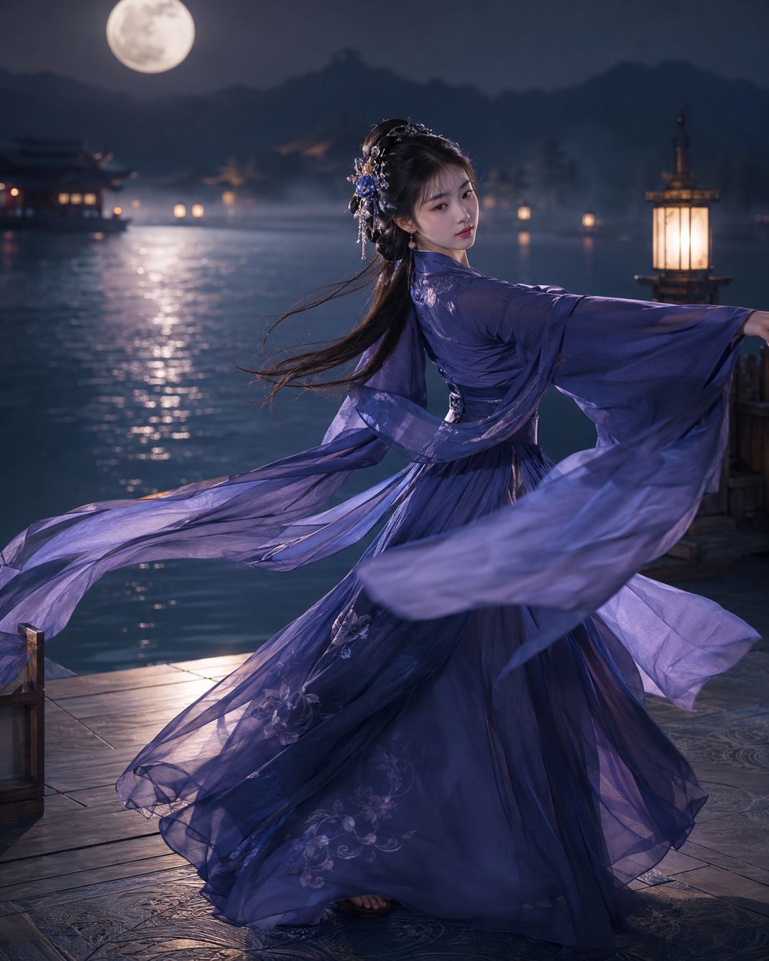 国风舞者水岸月色舞动 / Chinese Traditional Dancer Waterfront Moonlight,人像与摄影,人像、电影感、角色,案例输出图 1