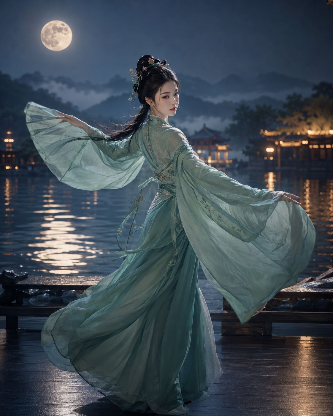 国风舞者水岸月色舞动 / Chinese Traditional Dancer Waterfront Moonlight，人像与摄影，人像、电影感、角色，案例输出图 2