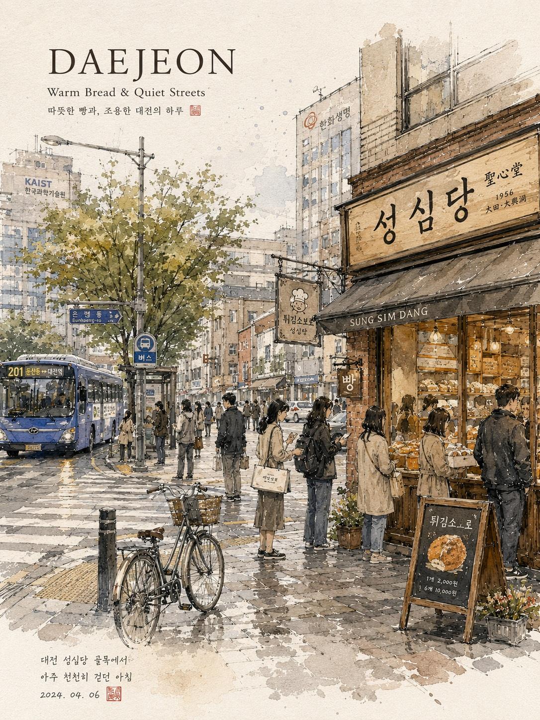 治愈系韩国街景水彩旅行手帐插画 / Dreamy Watercolor Korean City Street Travel Illustration，人像与摄影，人像、电影感、时尚，案例输出图 1