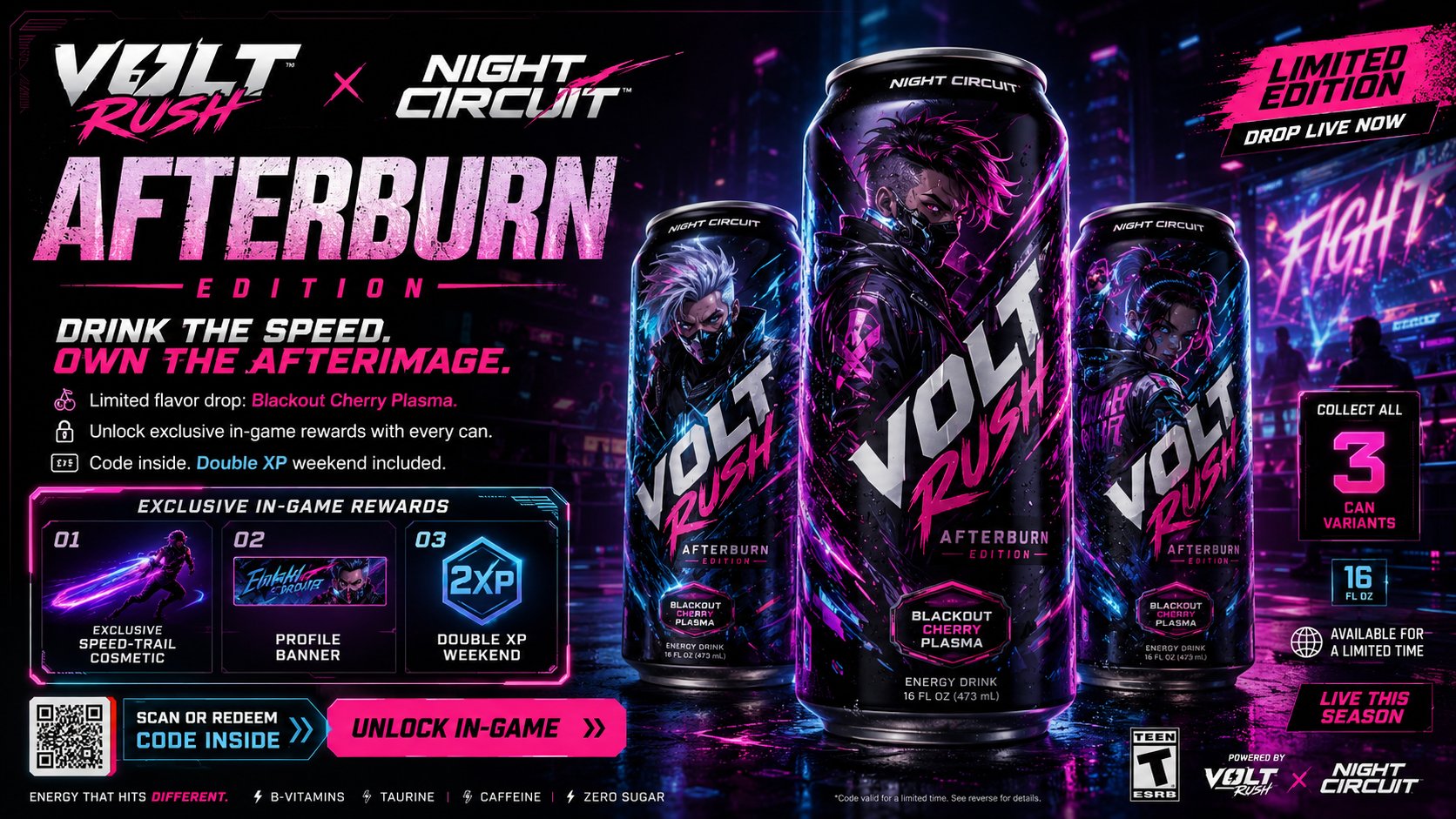 能量饮料与游戏跨界联动广告大片 / Energy Drink Game Crossover Ad Prompt，角色设计，霓虹、海报、截图，案例输出图 1