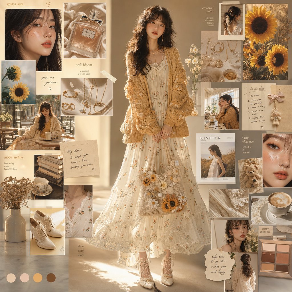 极写实韩系高端时尚氛围感拼贴画报 / Premium Korean Editorial Fashion Moodboard，角色设计，人像、电影感、时尚，案例输出图 1