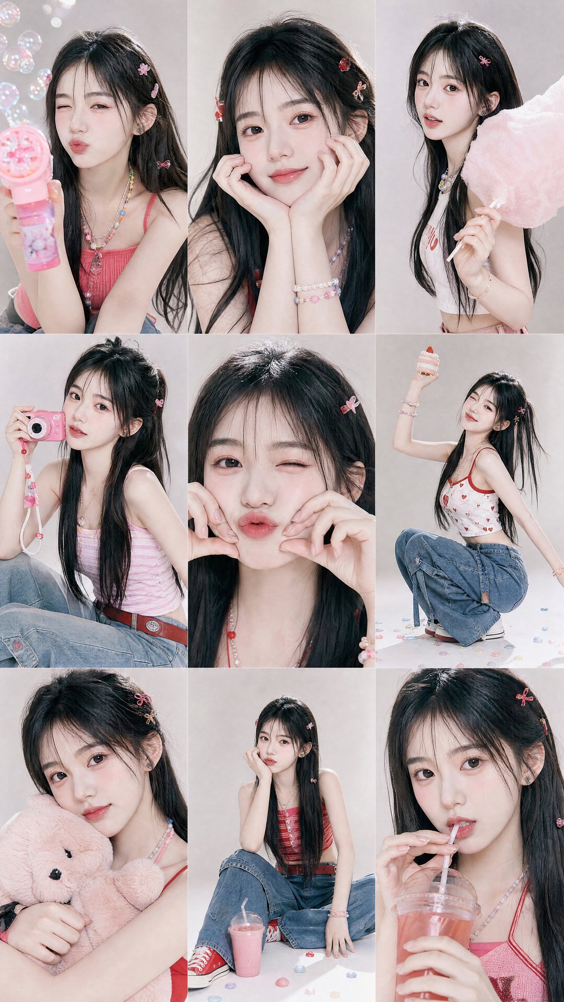 Y2K韩系甜酷女孩3x3拼贴杂志大片 / Y2k Korean Girl Editorial 3x3 Collage，UI 与社交媒体截图，35mm、人像、时尚，案例输出图 1