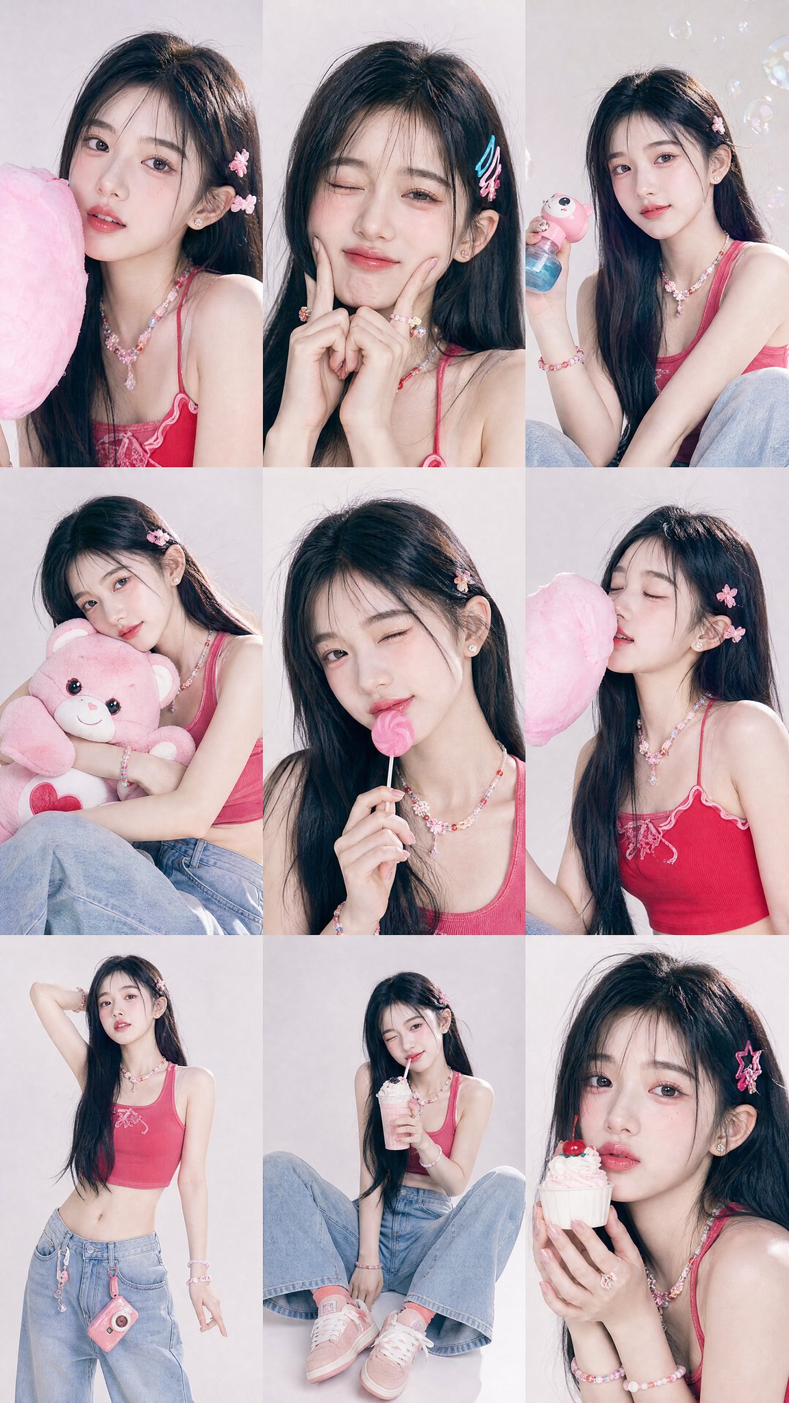 Y2K韩系甜酷女孩3x3拼贴杂志大片 / Y2k Korean Girl Editorial 3x3 Collage，UI 与社交媒体截图，35mm、人像、时尚，案例输出图 2