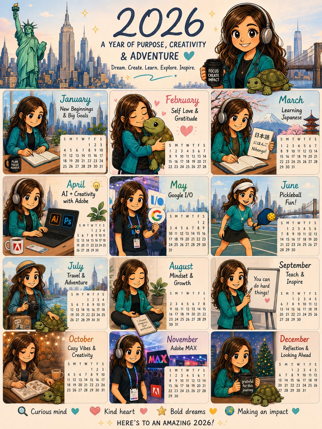 可爱卡通形象个人年度主题日历 / Cute Cartoon Personal 12 Month Calendar，海报与插画，海报、插画、海报与插画，案例输出图 1