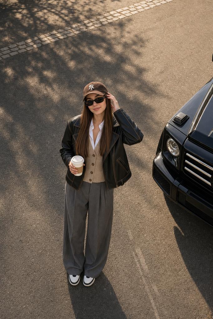 俯视视角社论风格时尚皮夹克街拍 / High Angle Editorial Street Style Woman Leather Jacket Suv,人像与摄影,35mm、人像、电影感,案例输出图 1