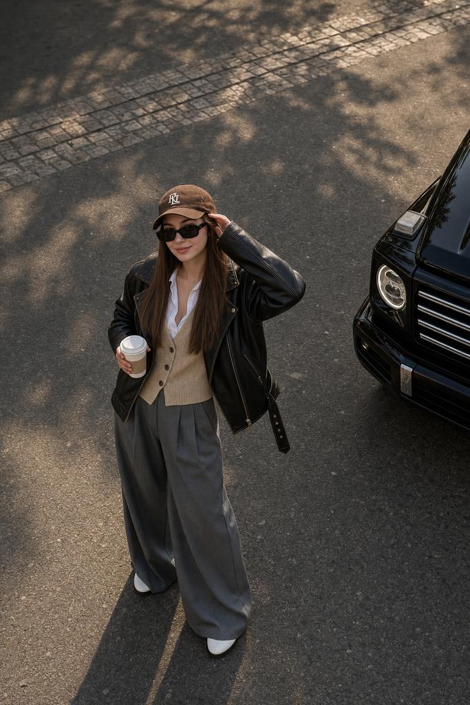 俯视视角社论风格时尚皮夹克街拍 / High Angle Editorial Street Style Woman Leather Jacket Suv，人像与摄影，35mm、人像、电影感，案例输出图 2