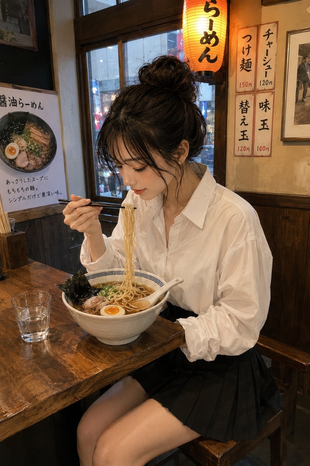 日系杂志风东京拉面少女插画与写实摄影 / Japanese Magazine Style Ramen Girl Prompts，角色设计，人像、电影感、时尚，案例输出图 1