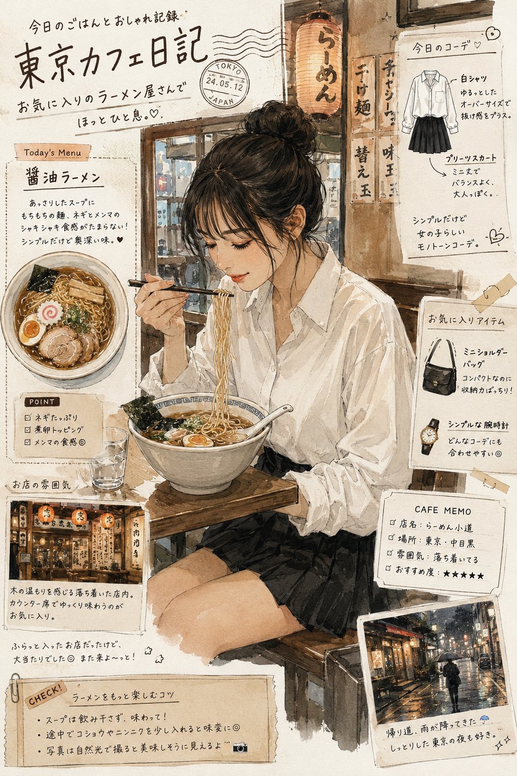 日系杂志风东京拉面少女插画与写实摄影 / Japanese Magazine Style Ramen Girl Prompts，角色设计，人像、电影感、时尚，案例输出图 2