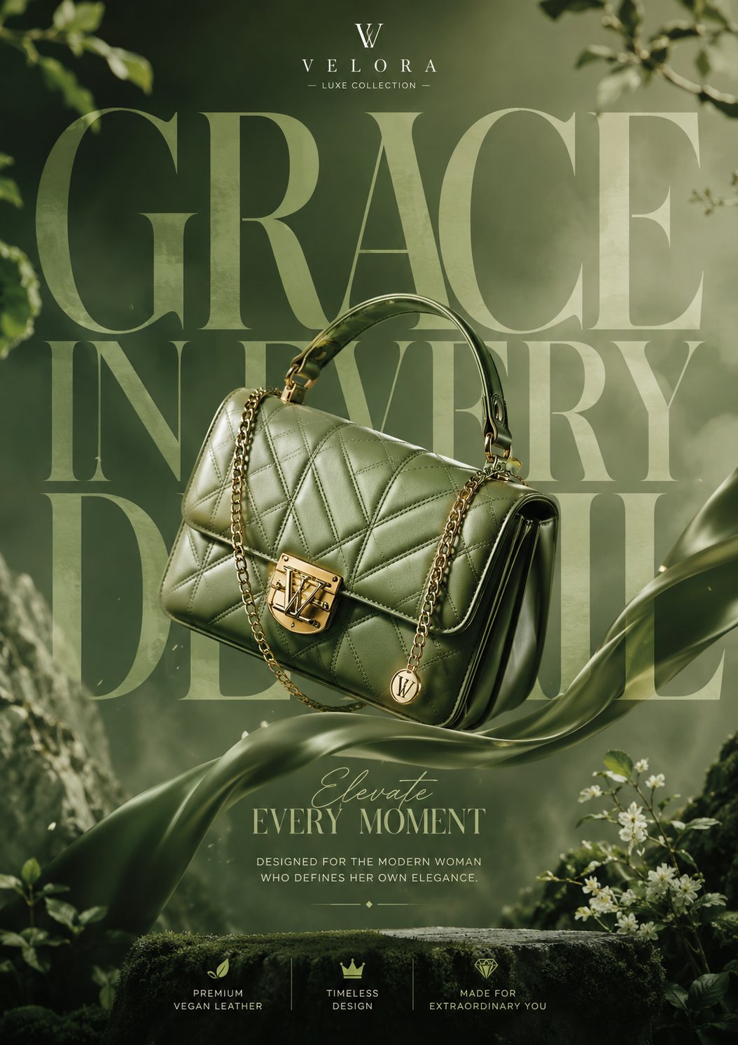 绿色系奢华少女手提包创意海报 / Luxury Handbag Creative Advertisement Design，人像与摄影，人像、电影感、海报，案例输出图 1