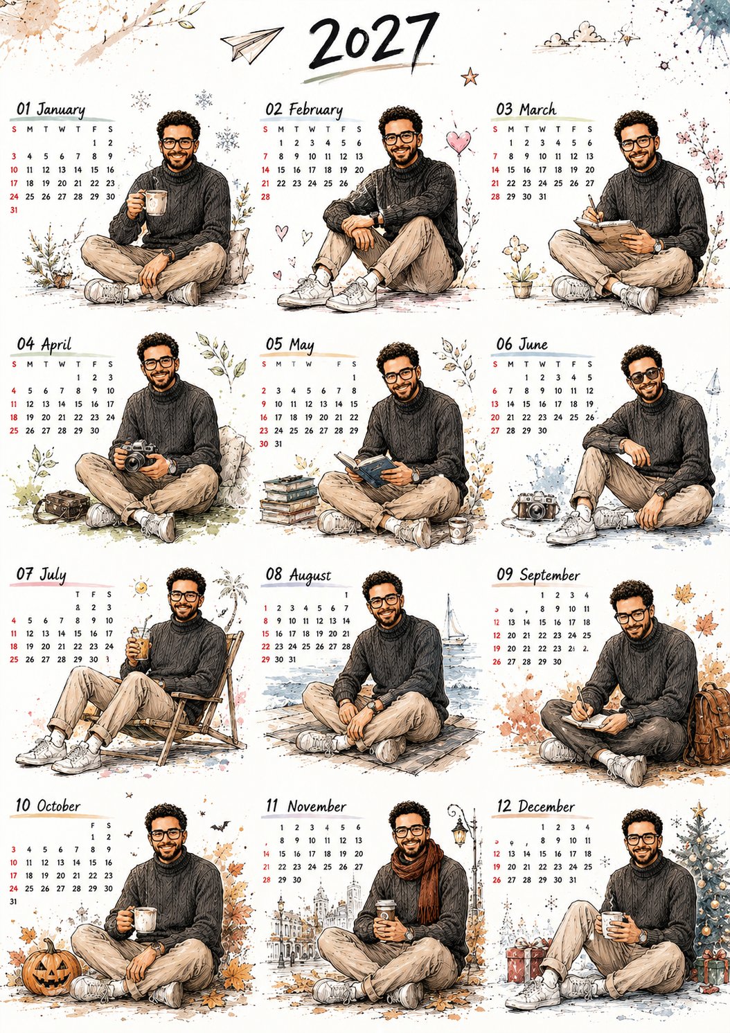 2027年韩系手绘质感男主日历插画海报 / 2027 Korean Hand Drawn Male Calendar Poster，角色设计，电影感、时尚、海报，案例输出图 1