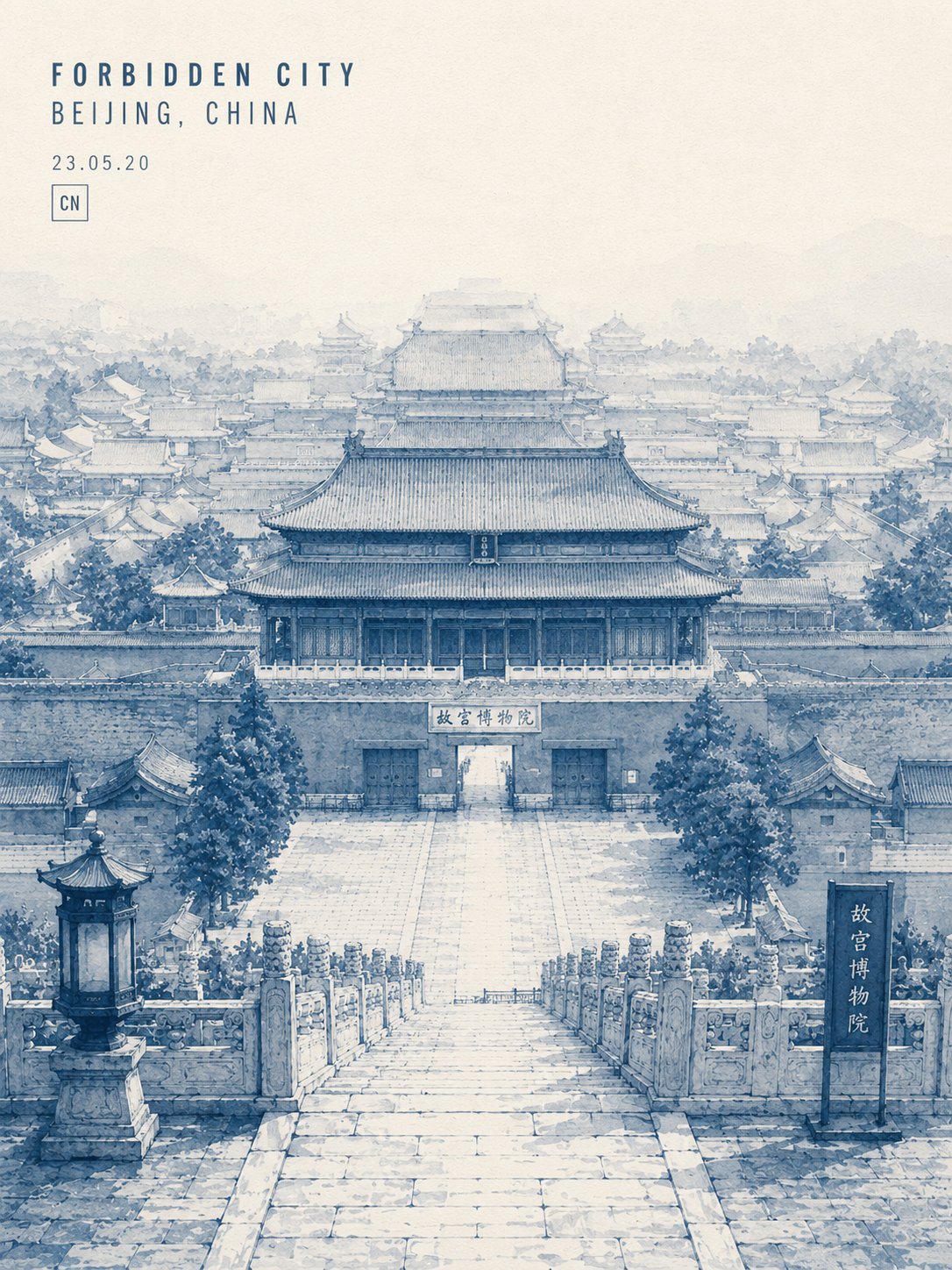极简靛蓝水墨长城旅行海报插画 / Minimalist Great Wall China Travel Poster Illustration，人像与摄影，人像、电影感、时尚，案例输出图 1
