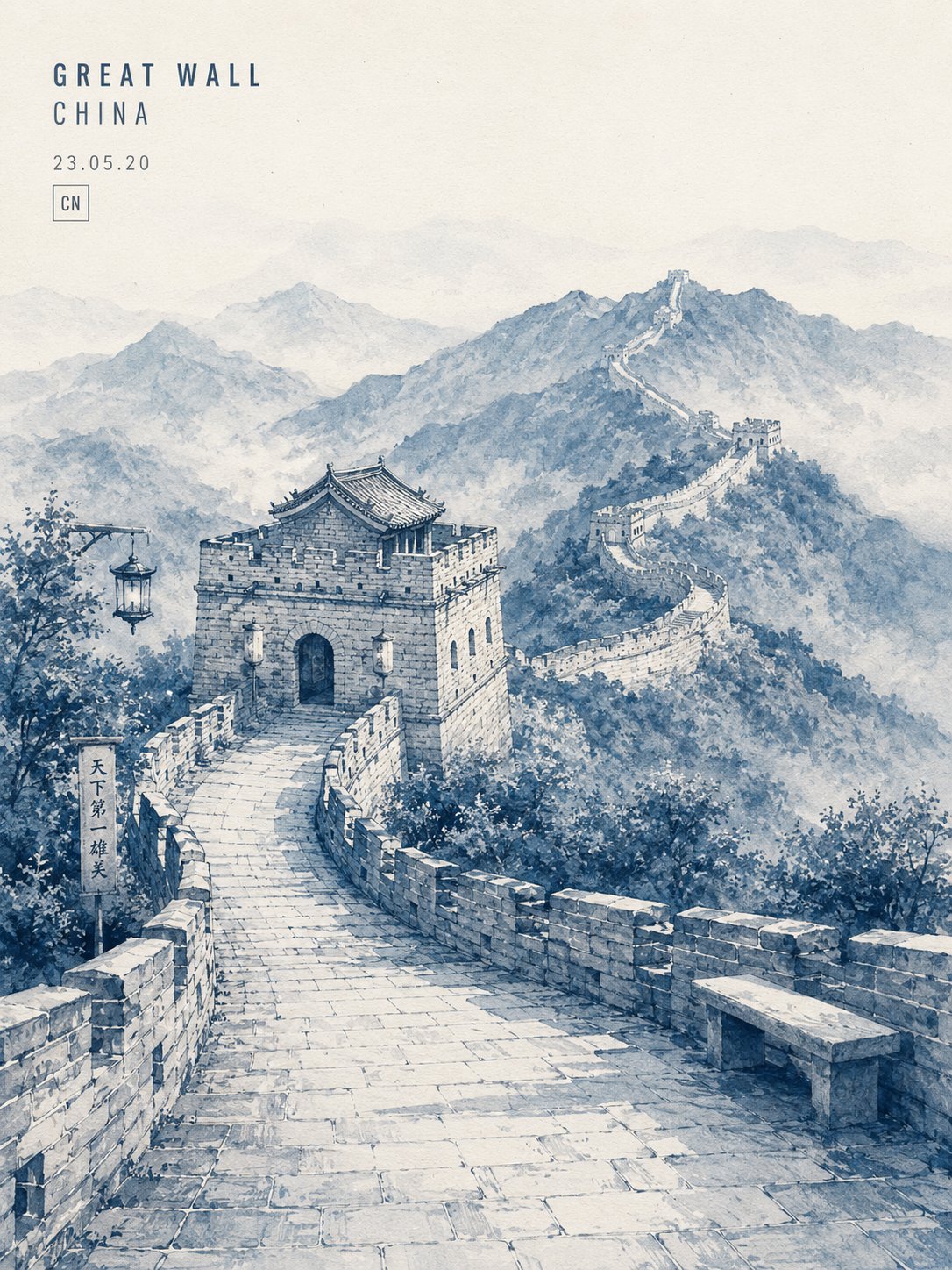 极简靛蓝水墨长城旅行海报插画 / Minimalist Great Wall China Travel Poster Illustration，人像与摄影，人像、电影感、时尚，案例输出图 2