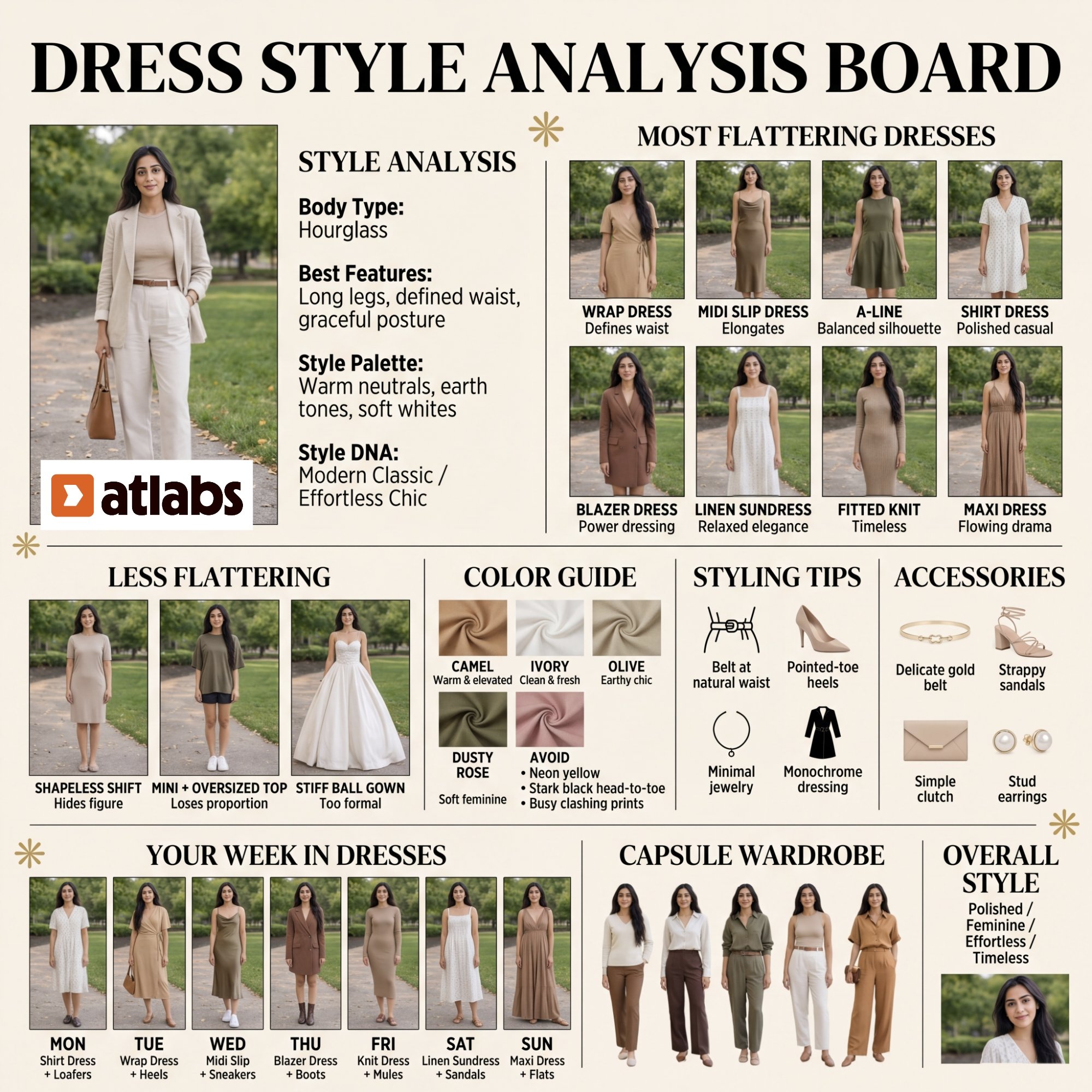 极简时尚连身裙穿搭风格分析看板 / Editorial Dress Style Analysis Mood Board，人像与摄影，35mm、霓虹、人像，案例输出图 1