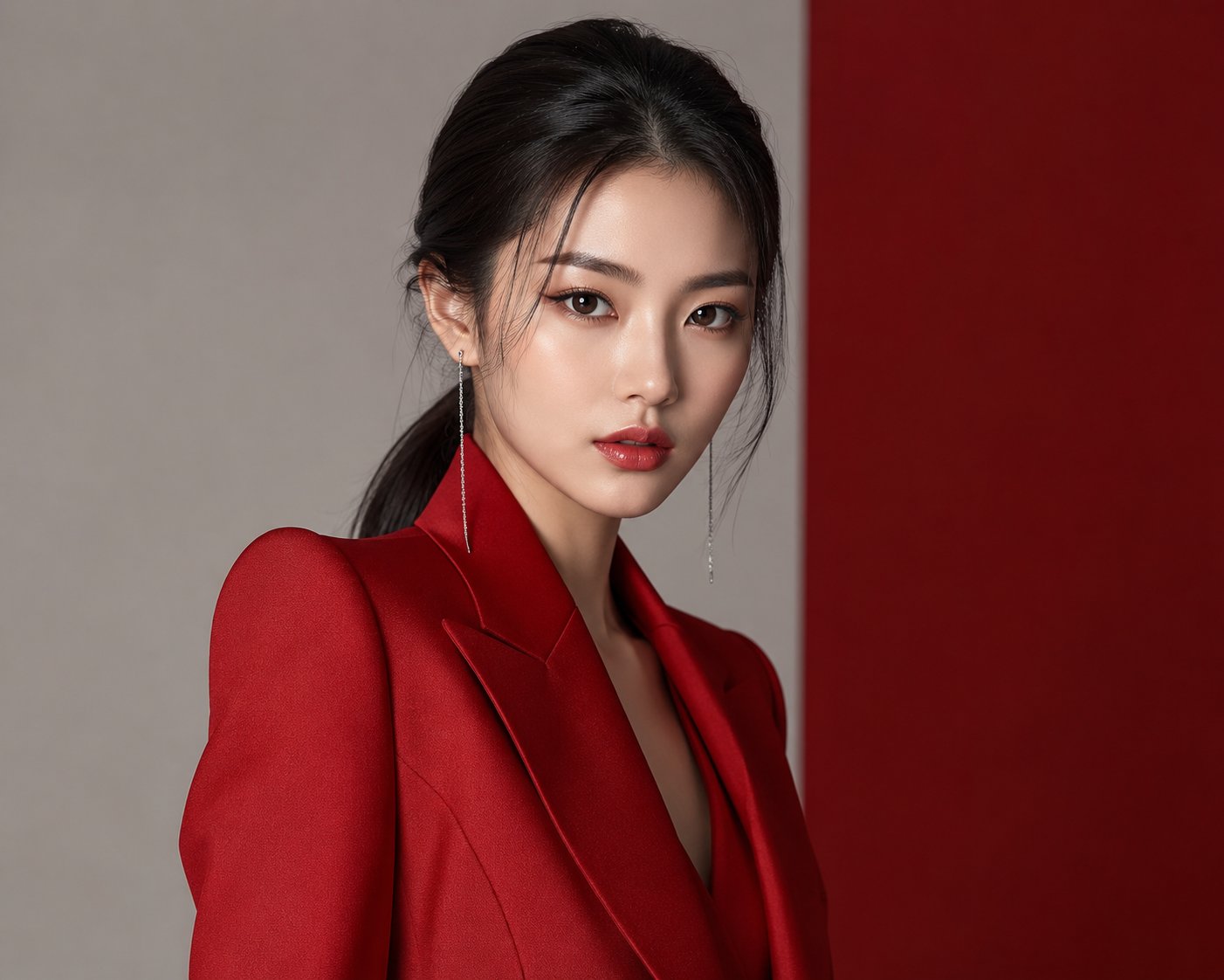 超写实韩式高端时尚杂志红色西装女模人像 / Ultra Realistic Korean Fashion Editorial Red Blazer Portrait,人像与摄影,人像、电影感、时尚,案例输出图 1