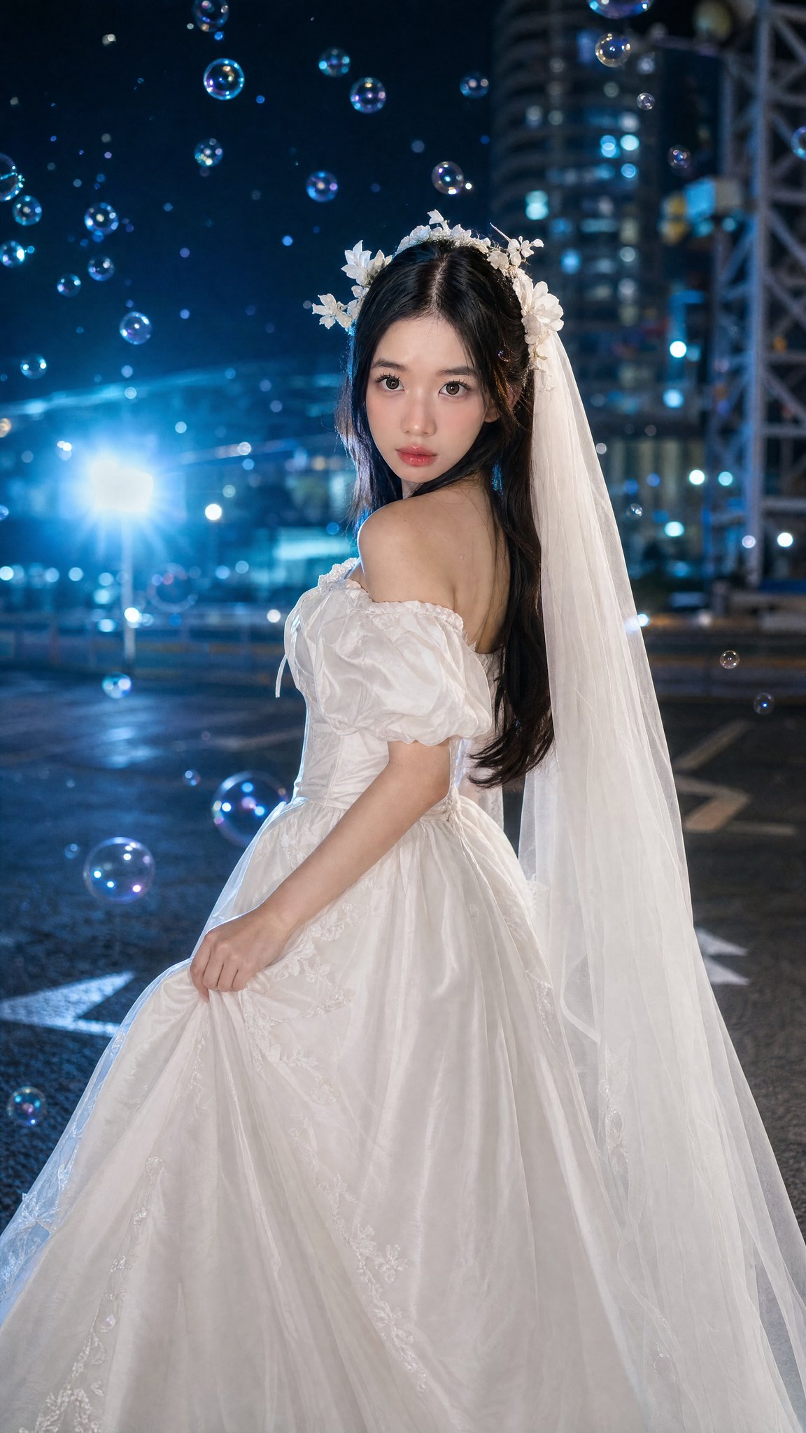 电影感都市夜色白婚纱少女泡泡人像 / Cinematic Night Urban Wedding Dress Portrait，角色设计，35mm、人像、电影感，案例输出图 1