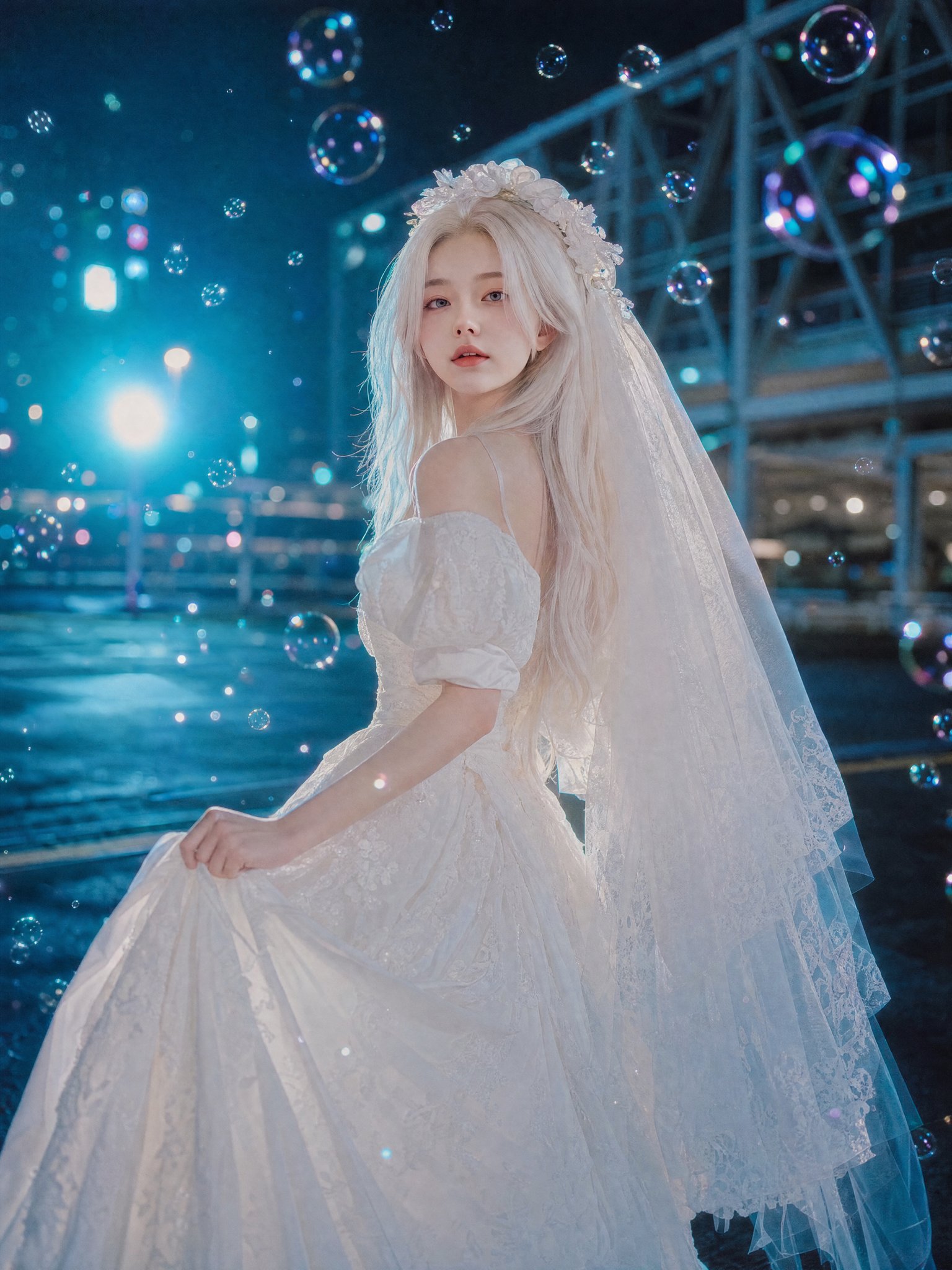 电影感都市夜色白婚纱少女泡泡人像 / Cinematic Night Urban Wedding Dress Portrait，角色设计，35mm、人像、电影感，案例输出图 2