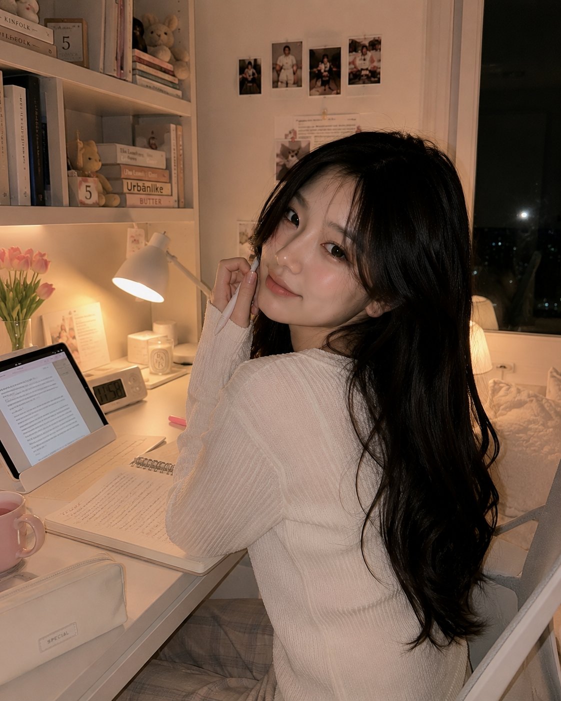 奶油色调韩系少女深夜书房温馨写真 / Cozy Korean Study Room Portrait Lifestyle，人像与摄影，人像、电影感、时尚，案例输出图 1
