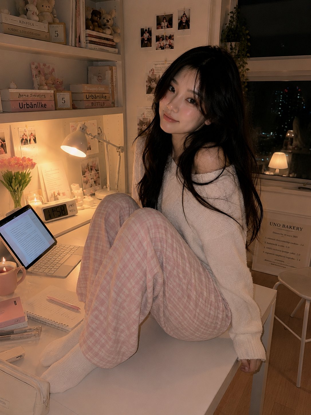 奶油色调韩系少女深夜书房温馨写真 / Cozy Korean Study Room Portrait Lifestyle，人像与摄影，人像、电影感、时尚，案例输出图 2