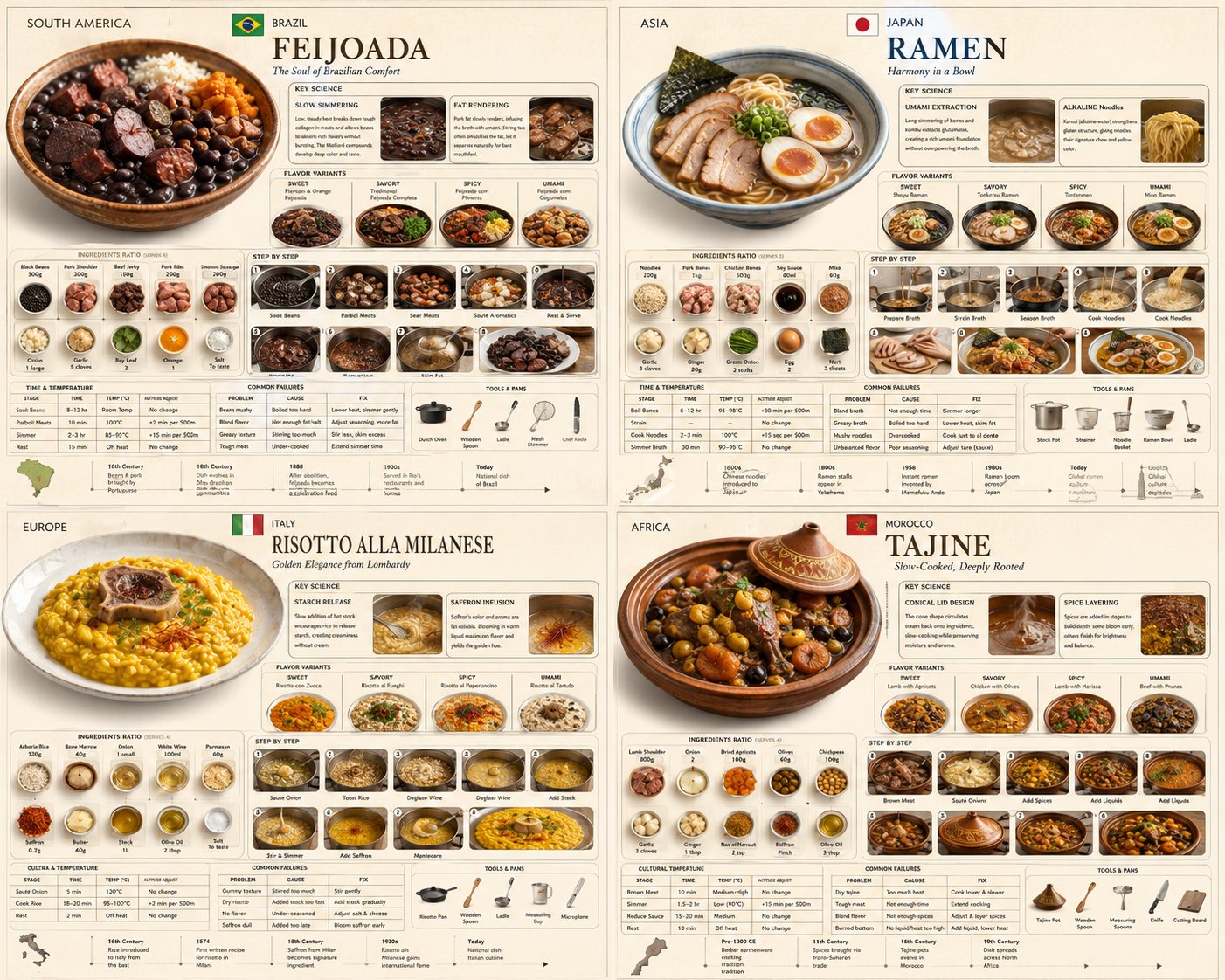 2x2全球美食烹饪技术百科图鉴 / World Cuisine Technical Cooking Grid 2x2，人像与摄影，人像、排版、信息图，案例输出图 1