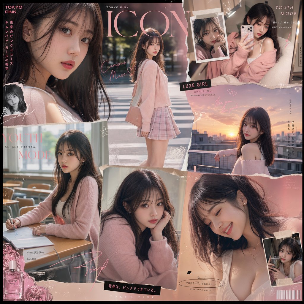 日系高级感时尚杂志拼贴画人像 / Luxury Japanese Fashion College Girl Collage，角色设计，人像、电影感、时尚，案例输出图 1