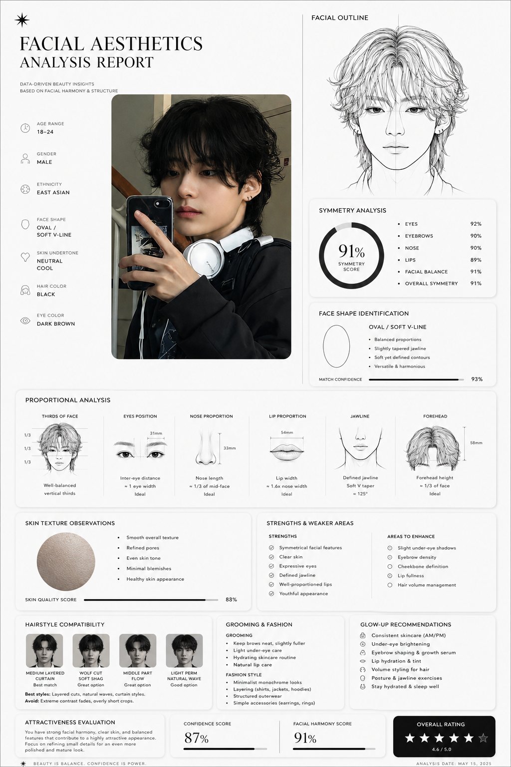 极简黑白高级感面部美学分析报告 / Luxury Facial Aesthetics Analysis Report Minimalist，UI 与社交媒体截图，人像、电影感、时尚，案例输出图 2
