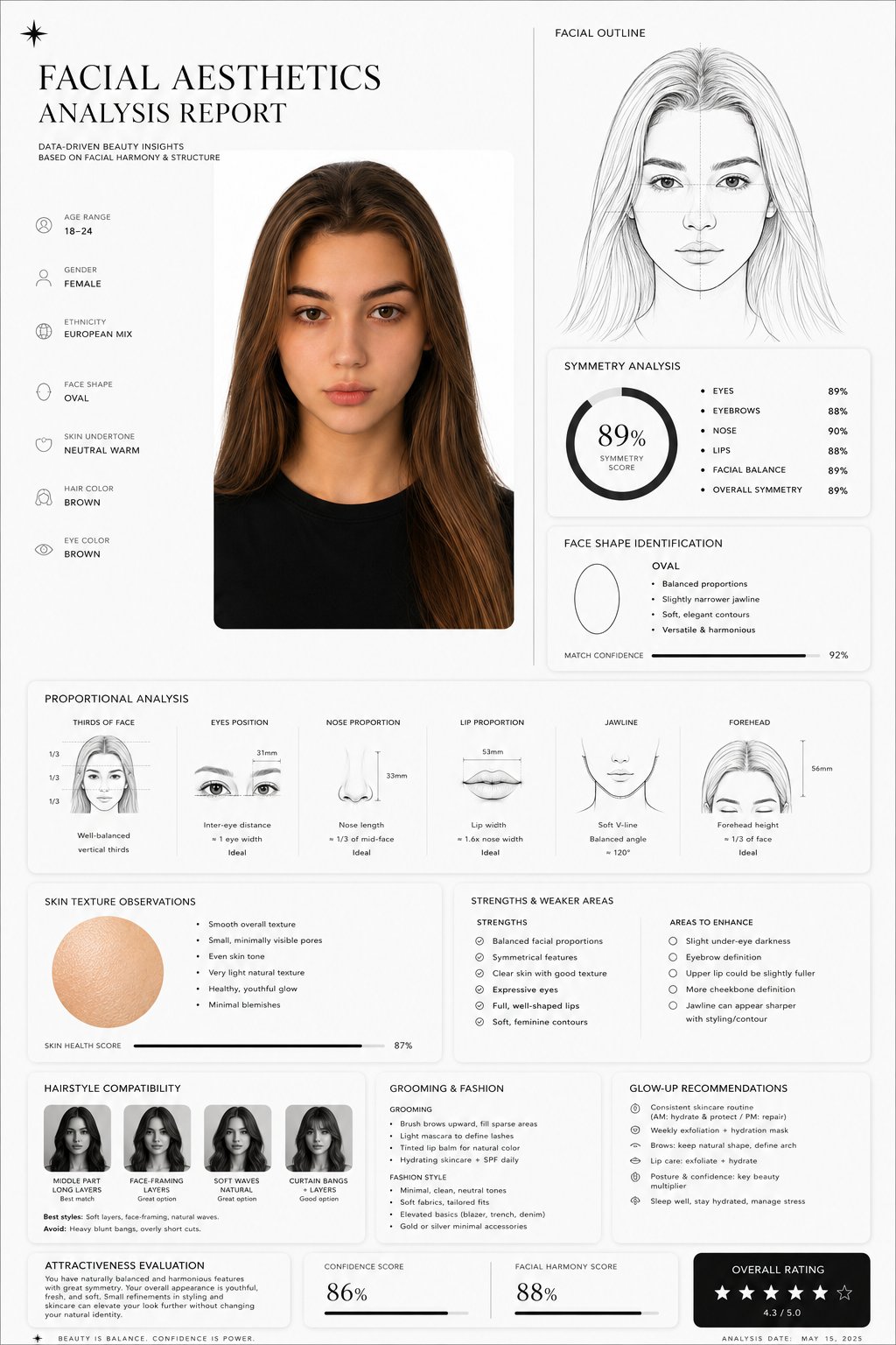 极简黑白高级感面部美学分析报告 / Luxury Facial Aesthetics Analysis Report Minimalist，UI 与社交媒体截图，人像、电影感、时尚，案例输出图 1