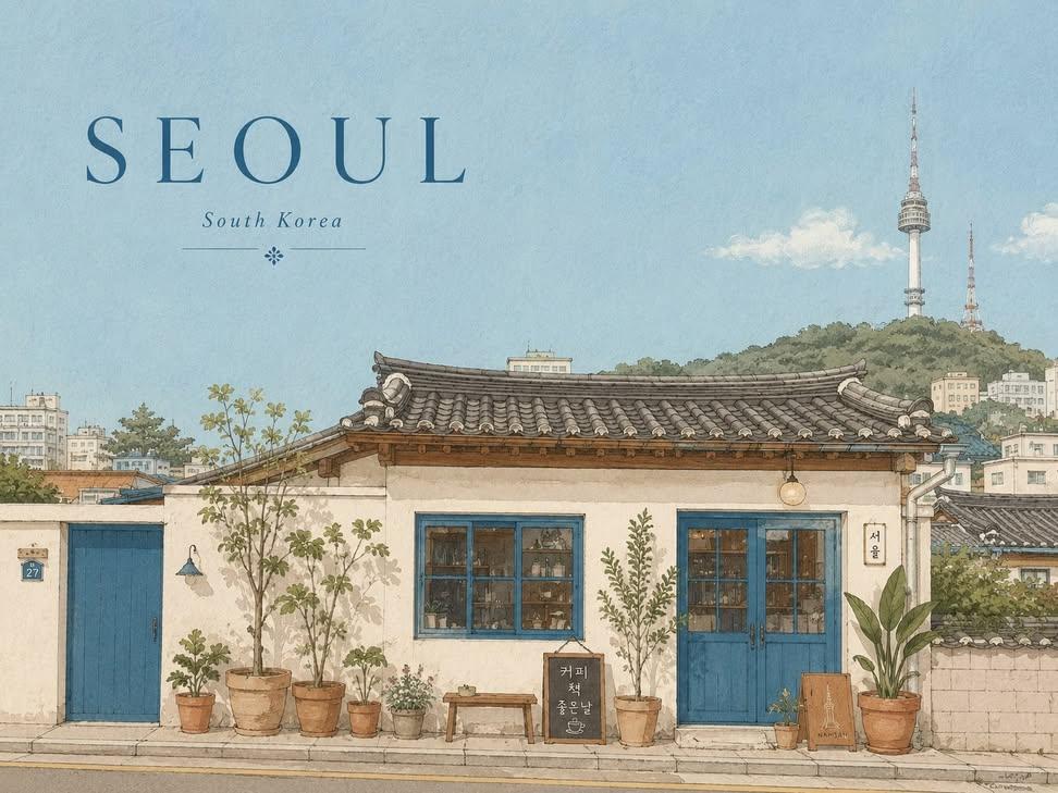 首尔建筑旅行插画清新水彩手绘风 / Seoul Architectural Travel Illustration Watercolor Style，人像与摄影，人像、时尚、海报，案例输出图 2