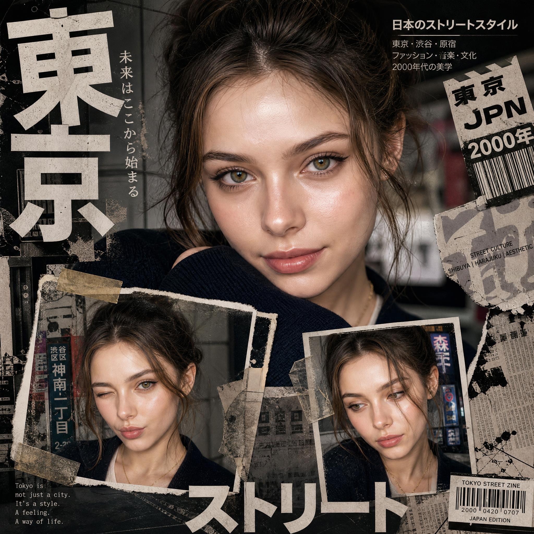 Y2K日系街头时尚杂志拼贴海报 / Y2k Japanese Street Fashion Editorial Collage Poster,人像与摄影,35mm、人像、电影感,案例输出图 1