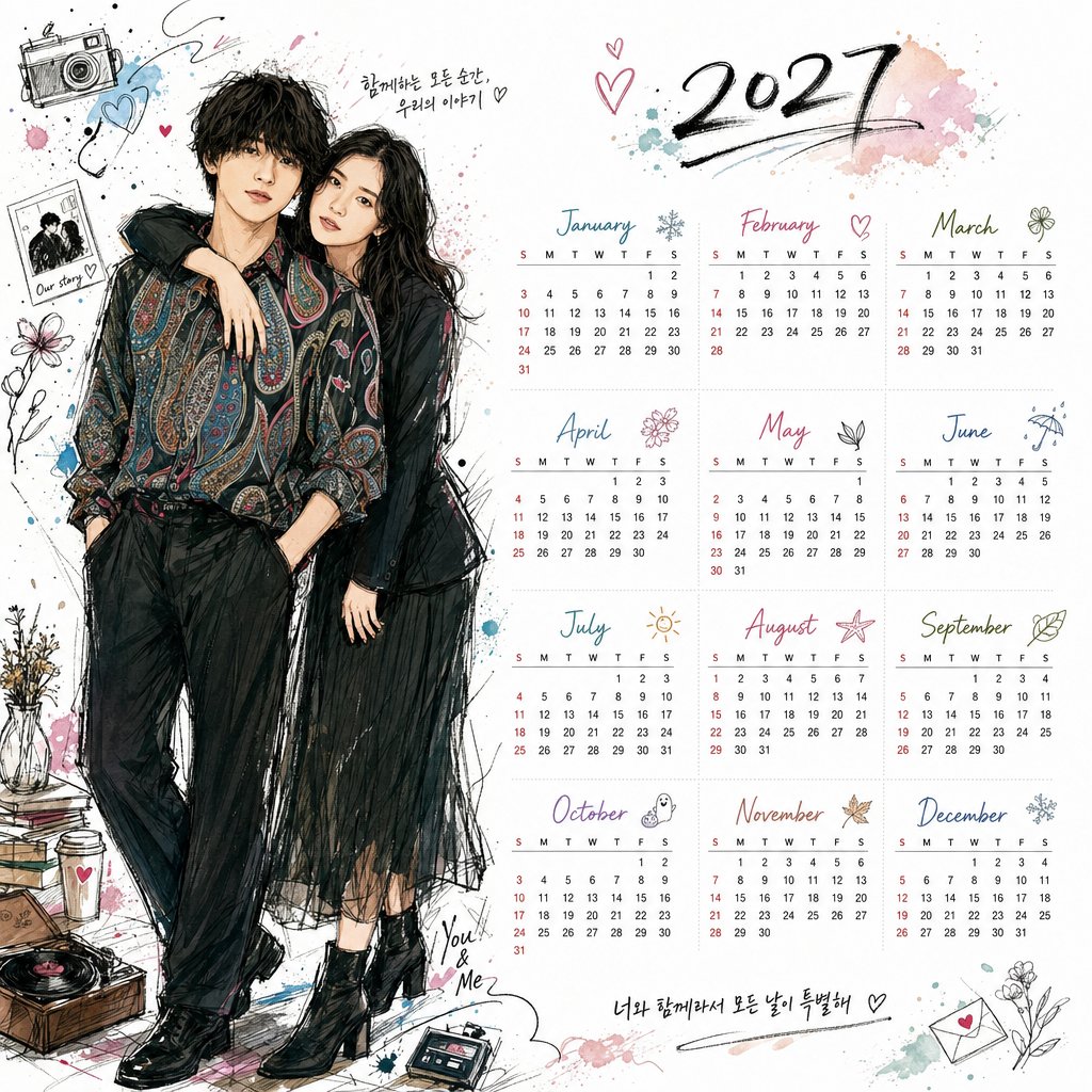 韩系涂鸦风2027全年度桌面台历 / Korean Style 2027 Desktop Calendar Illustration，角色设计，插画、角色、竖版，案例输出图 1