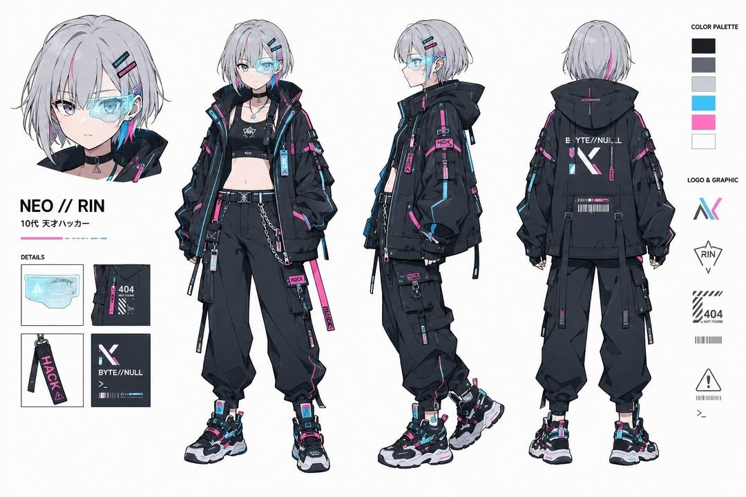 赛博朋克天才黑客少女角色设计表 / Cyberpunk Hacker Girl Character Design Sheet Neo Rin，UI 与社交媒体截图，霓虹、人像、时尚，案例输出图 1