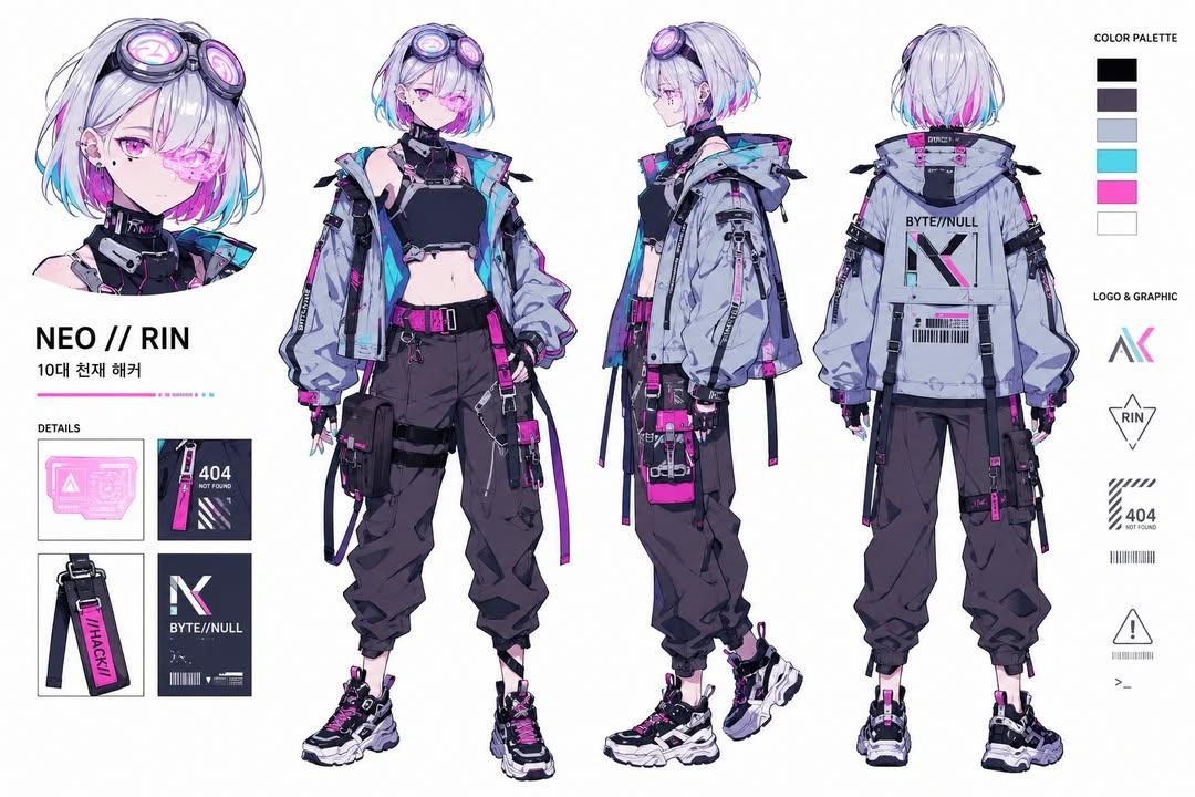 赛博朋克天才黑客少女角色设计表 / Cyberpunk Hacker Girl Character Design Sheet Neo Rin，UI 与社交媒体截图，霓虹、人像、时尚，案例输出图 2