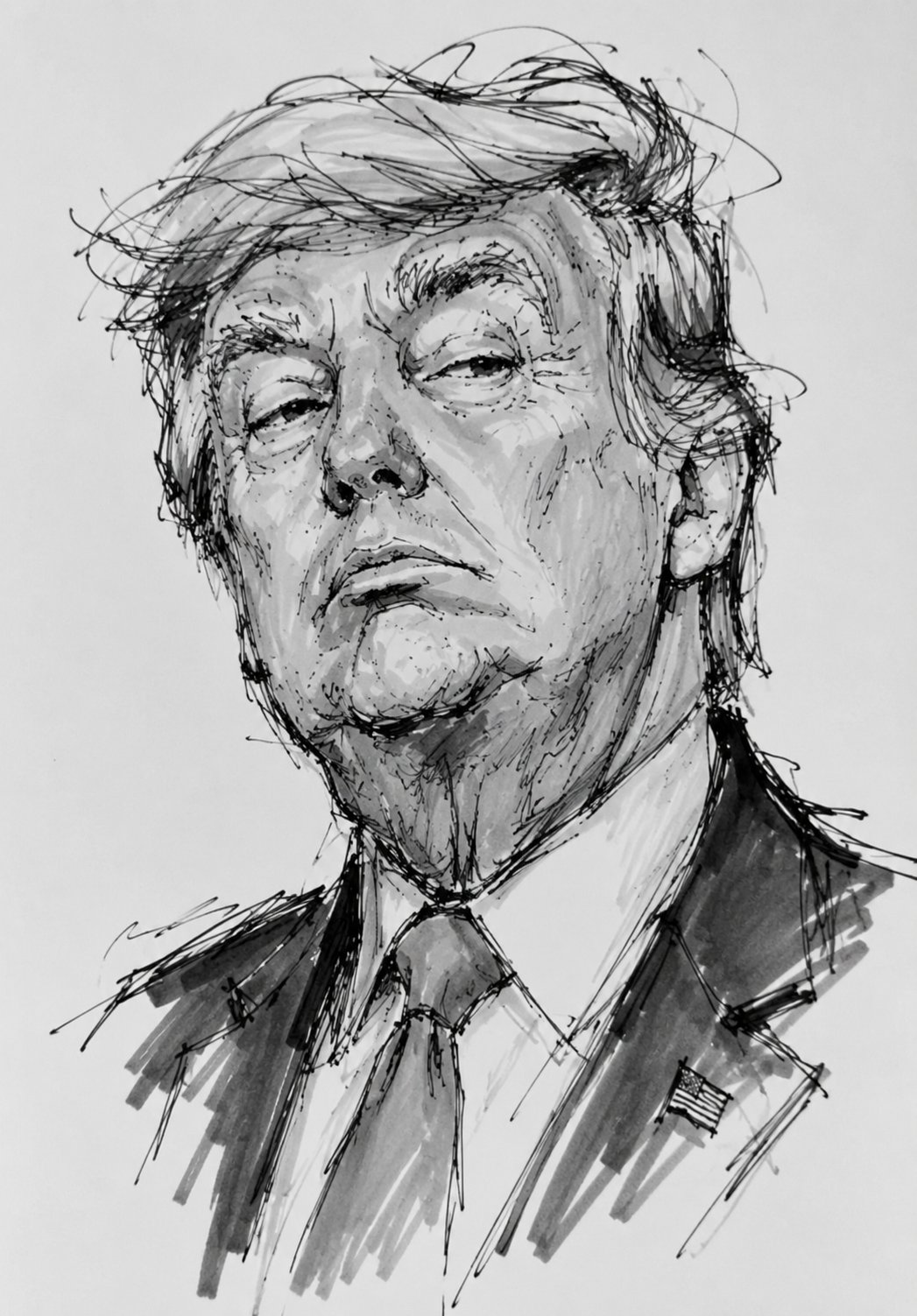 马斯克与特朗普黑白表现主义讽刺漫画 / Musk Trump Monochrome Caricature Portrait Sketch，人像与摄影，人像、时尚、插画，案例输出图 2