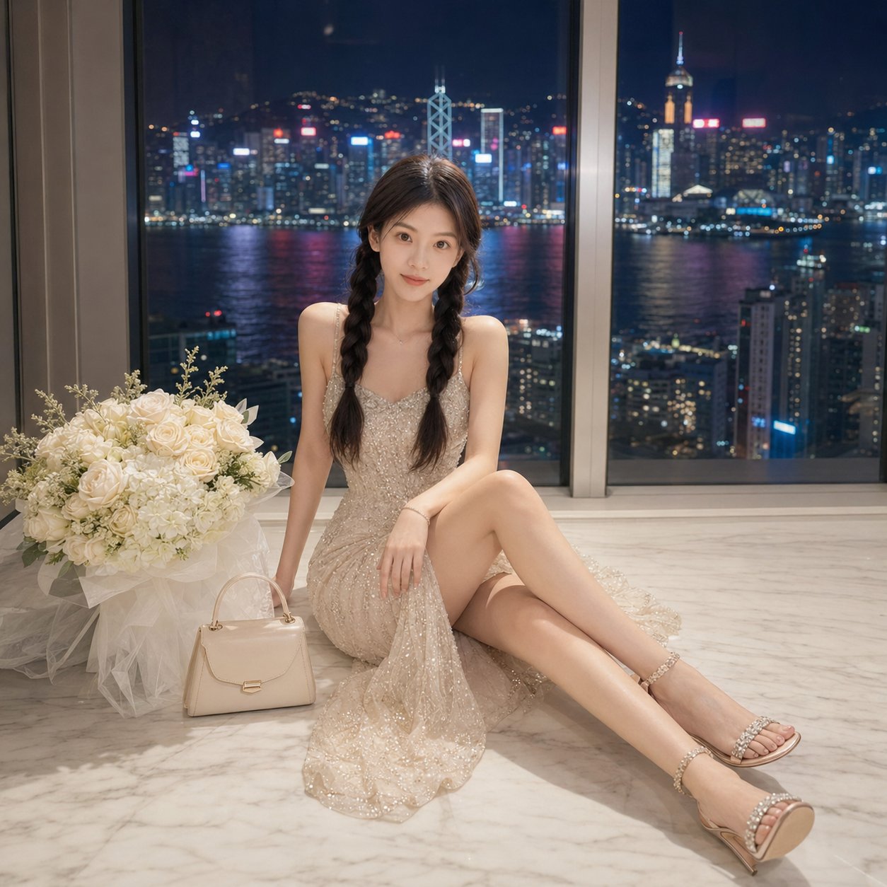 奢华室内都市夜景人像摄影 / Luxury Indoor Night Cityscape Portrait Prompt,角色设计,人像、插画、角色,案例输出图 1