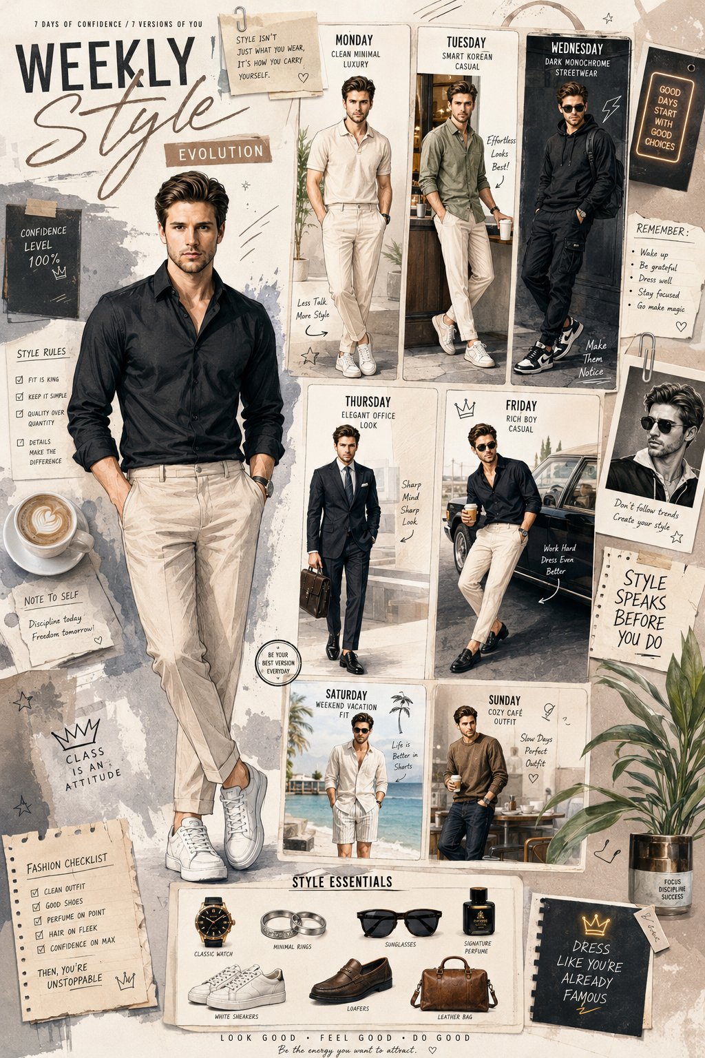 高端时尚穿搭周刊插画海报 / Luxury Fashion Weekly Style Evolution Poster，角色设计，人像、电影感、时尚，案例输出图 1