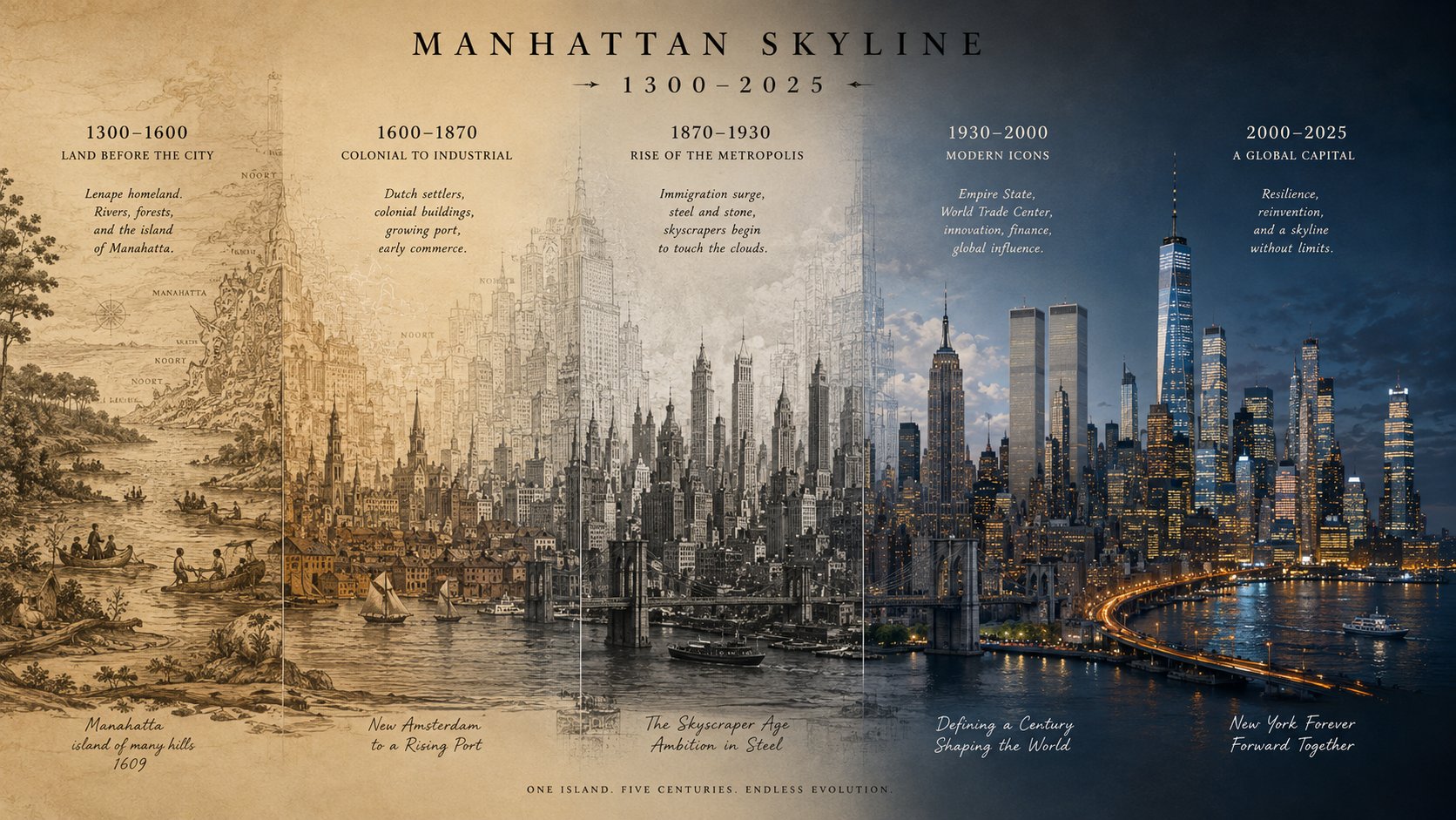 曼哈顿天际线跨时空演变三联画轴 / Manhattan Skyline Time Evolution Triptych,人像与摄影,人像、排版、竖版,案例输出图 1