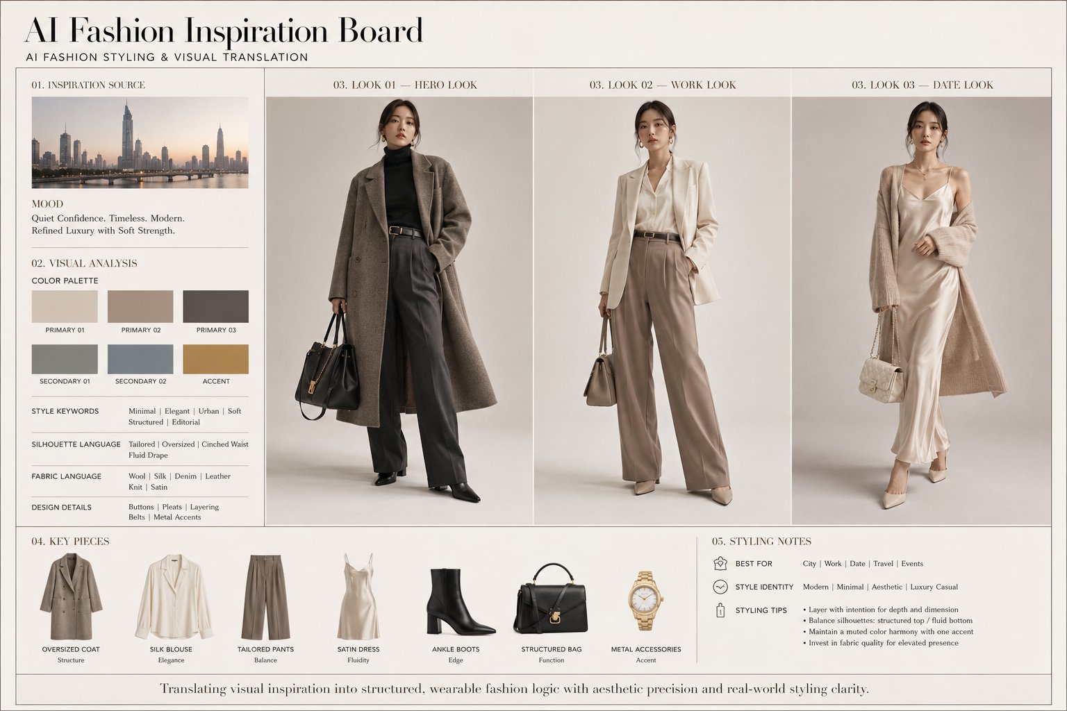 极简奢华AI时尚灵感画报 / Luxury Ai Fashion Inspiration Board Editorial Layout，人像与摄影，人像、电影感、时尚，案例输出图 1