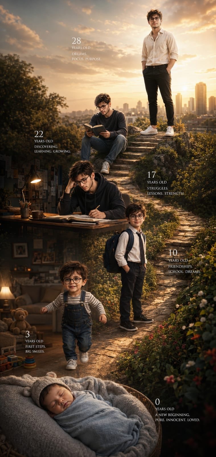 超写实电影感男生成长之路人生轨迹拼贴 / Cinematic Life Journey Male Character Progression，角色设计，人像、电影感、海报，案例输出图 1
