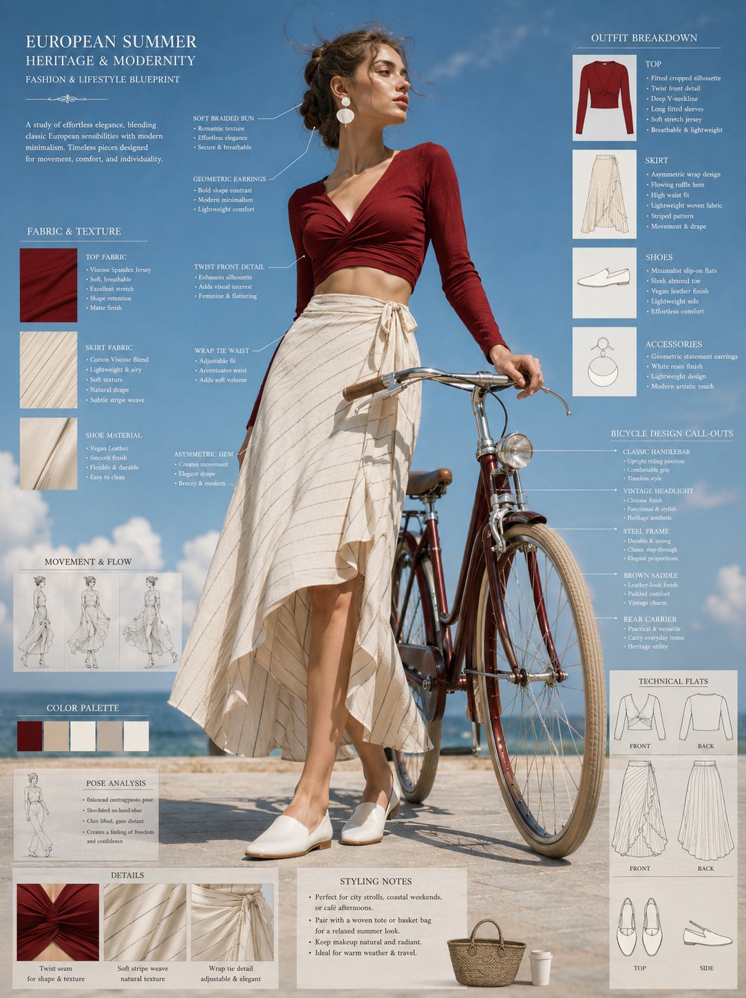 复古自行车优雅女性时尚概念设计图 / Vintage Bicycle Fashion Concept Sheet，人像与摄影，人像、电影感、时尚，案例输出图 1