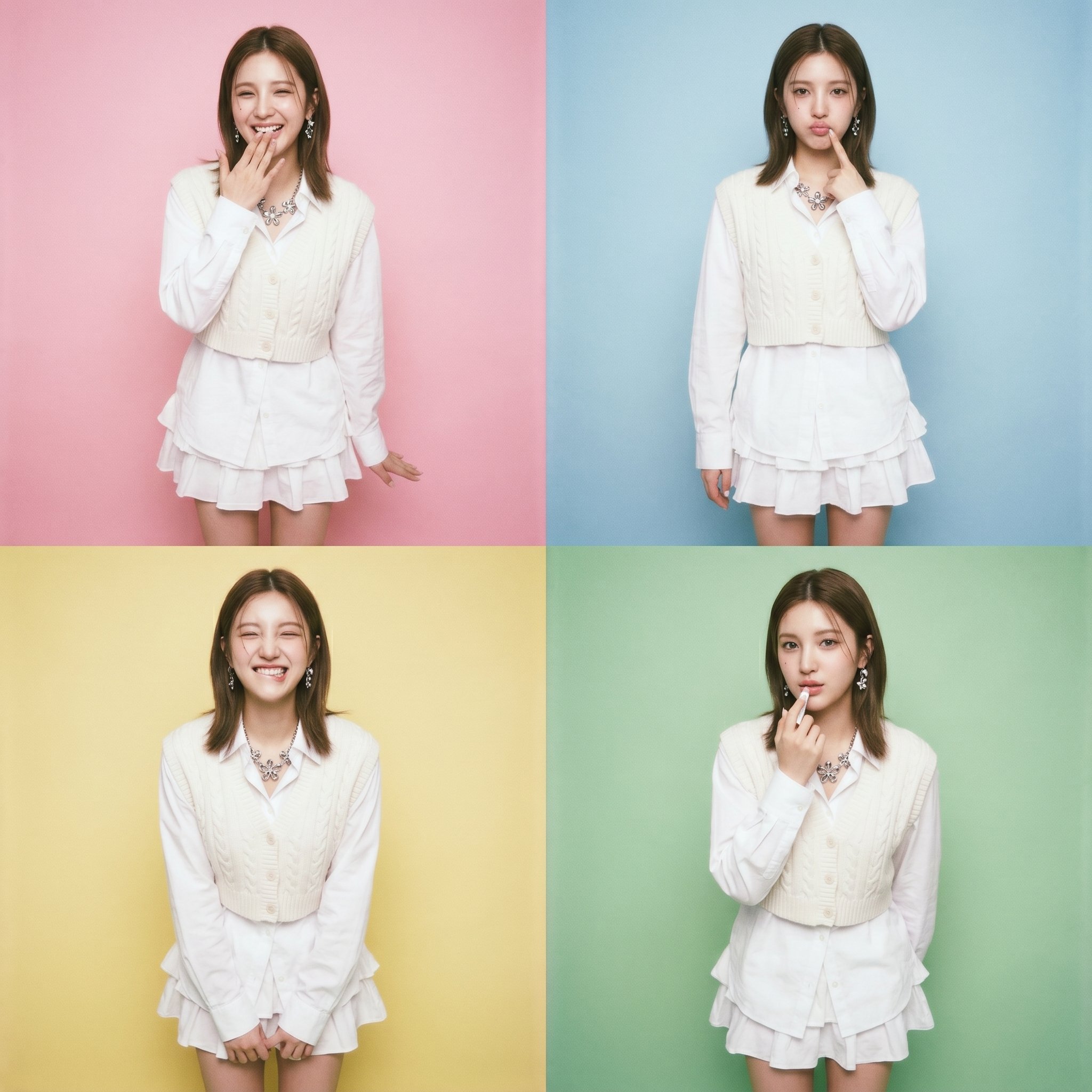 白色叠穿少女与红色玛丽珍鞋拍立得 / All White Layered Outfit Red Mary Janes Polaroid Grid,人像与摄影,人像、人像与摄影,案例输出图 1